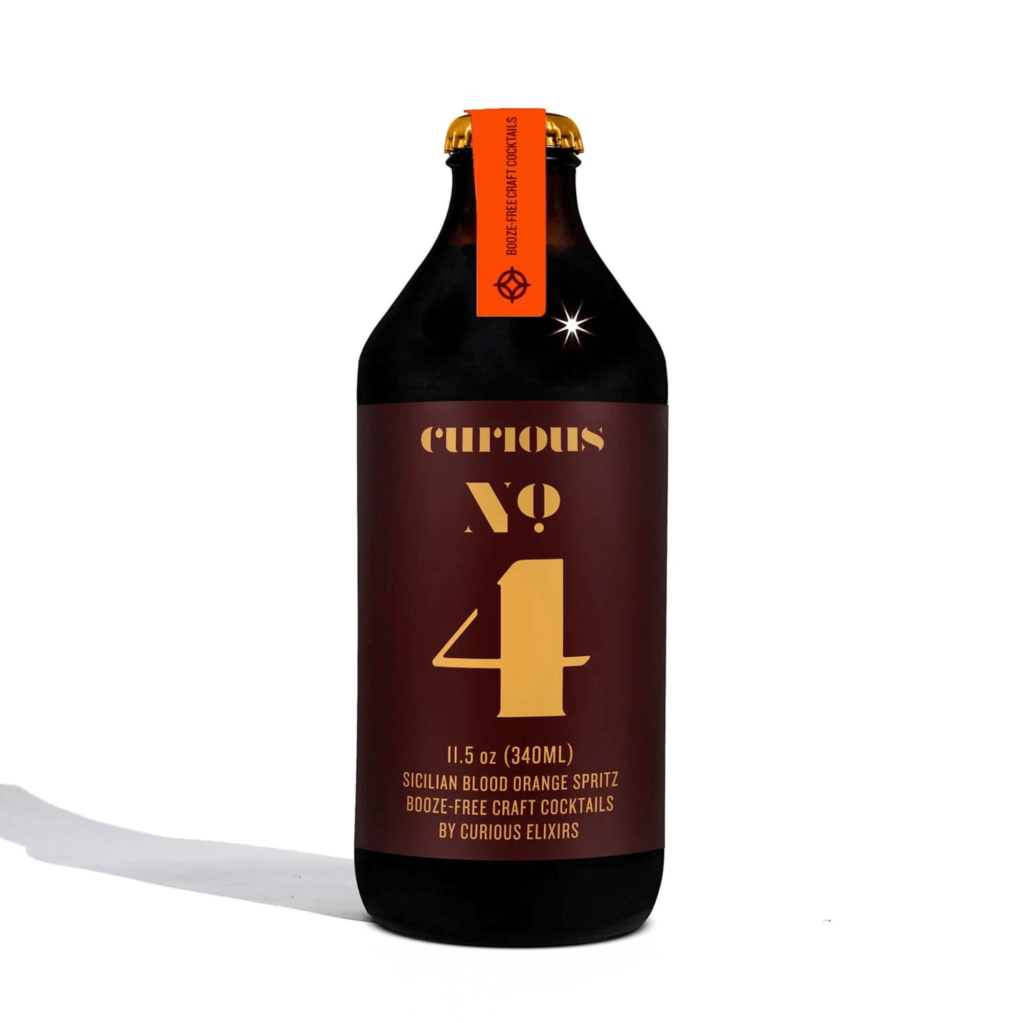 Curious Elixirs No. 4 non-alcoholic orange spritz bottle, dark glass with orange label, 11.5 oz, craft cocktail USA.