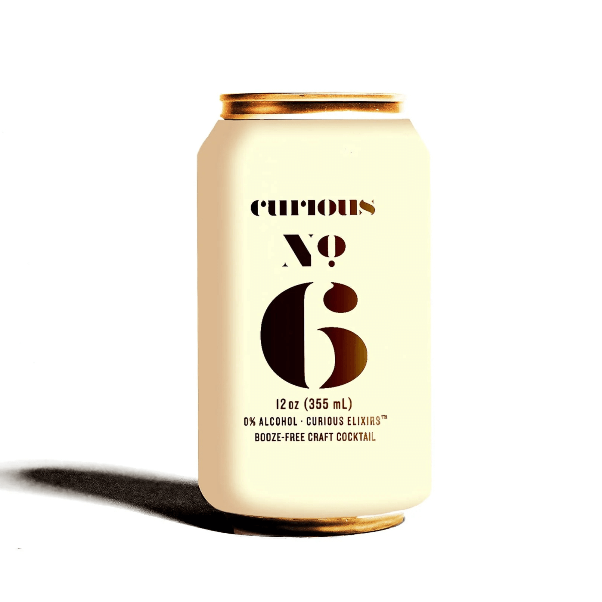 Curious Elixirs No. 6 coconut pineapple non-alcoholic cocktail can, 12oz, featuring creamy tropical flavors, 4-pack available.