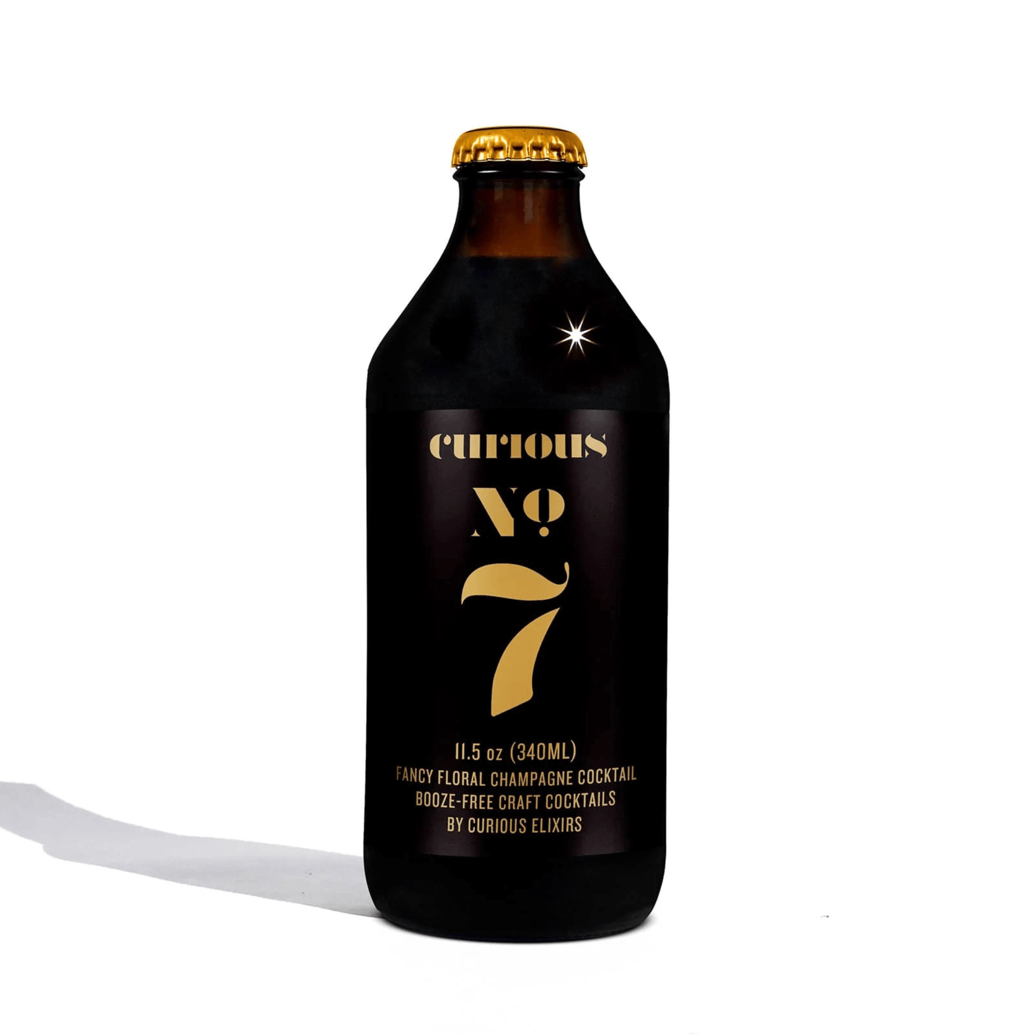 Curious Elixirs No. 7 non-alcoholic champagne cocktail bottle, 11.5oz, New York. Organic lemon, elderflower, sophisticated taste.