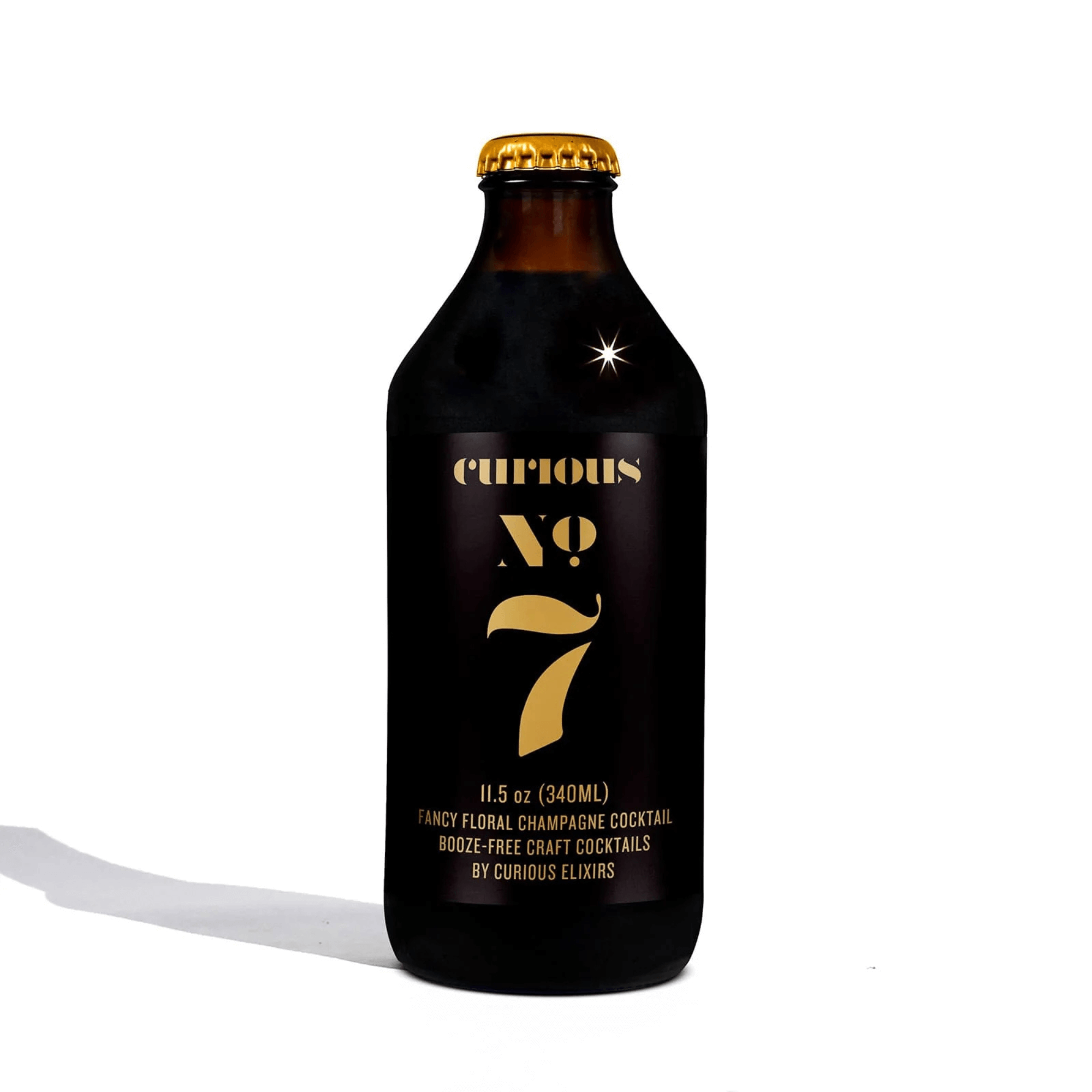 Curious Elixirs No. 7 non-alcoholic champagne cocktail bottle, 11.5oz, New York. Organic lemon, elderflower, sophisticated taste.