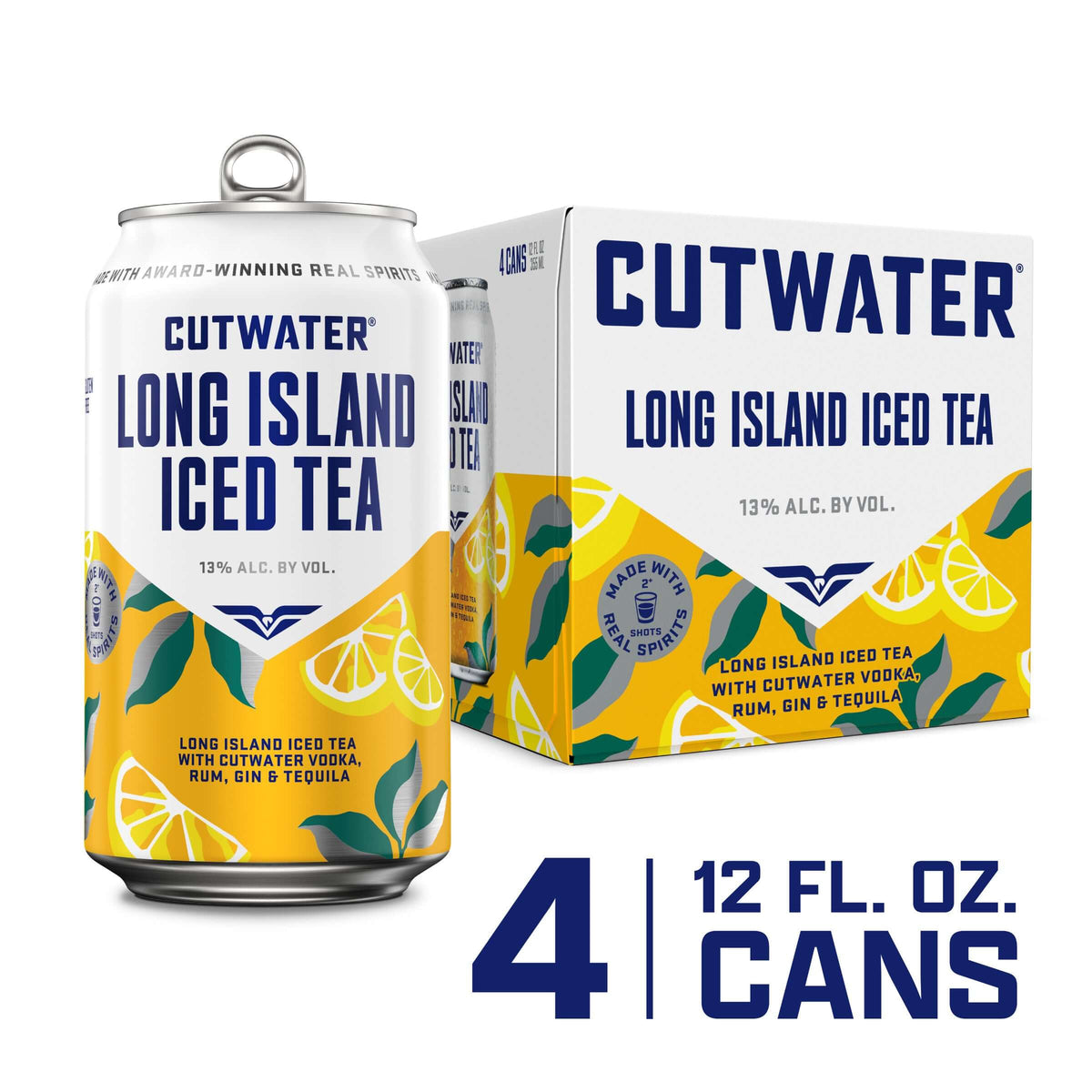 Cutwater Long Island Iced Tea 12oz can and 4-pack box, 13% ABV, featuring vodka, gin, rum, and tequila with citrus flavors.