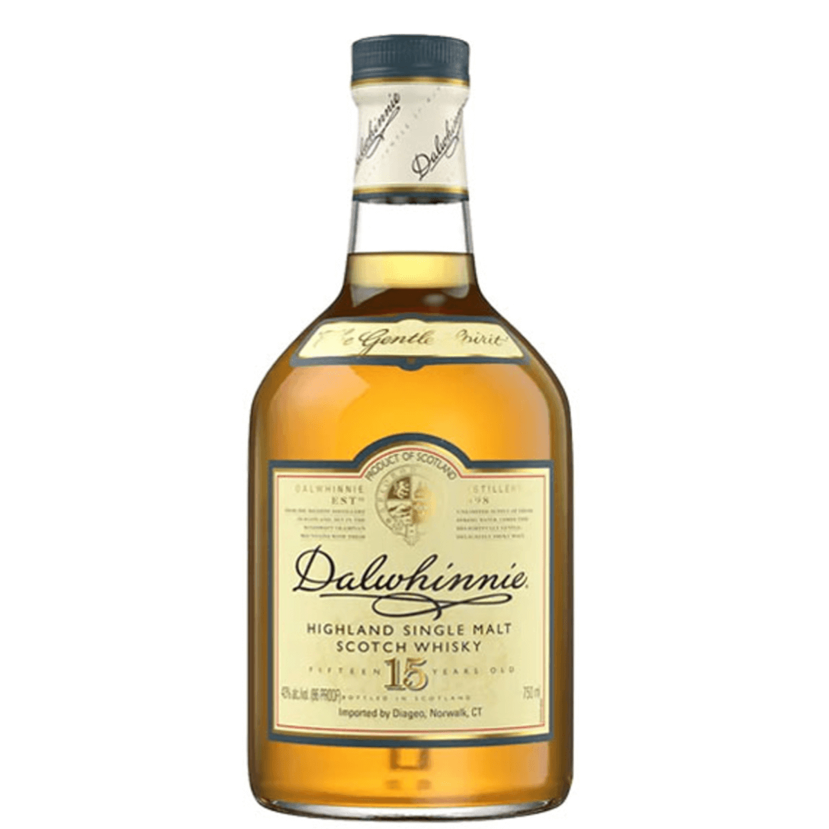 Bottle of Dalwhinnie 15-Year-Old Highland Single Malt Scotch Whisky, 750ml, with ABV 43%, from Dalwhinnie Distillery in Scotland.
