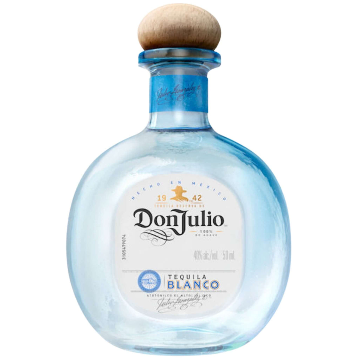 Bottle of Don Julio Blanco Tequila 50ml, crafted from 100% Blue Weber agave, Jalisco Highlands. Crisp and agave-forward spirit.