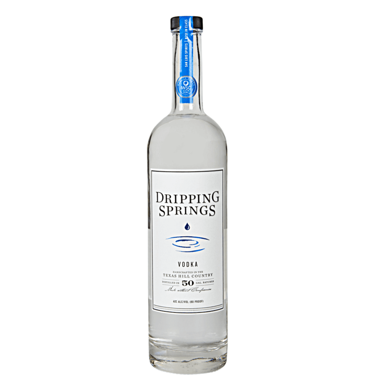 Dripping Springs Vodka 750ml bottle, handcrafted in Texas, made from Midwestern non-GMO corn, renowned for quality and artisanal methods.