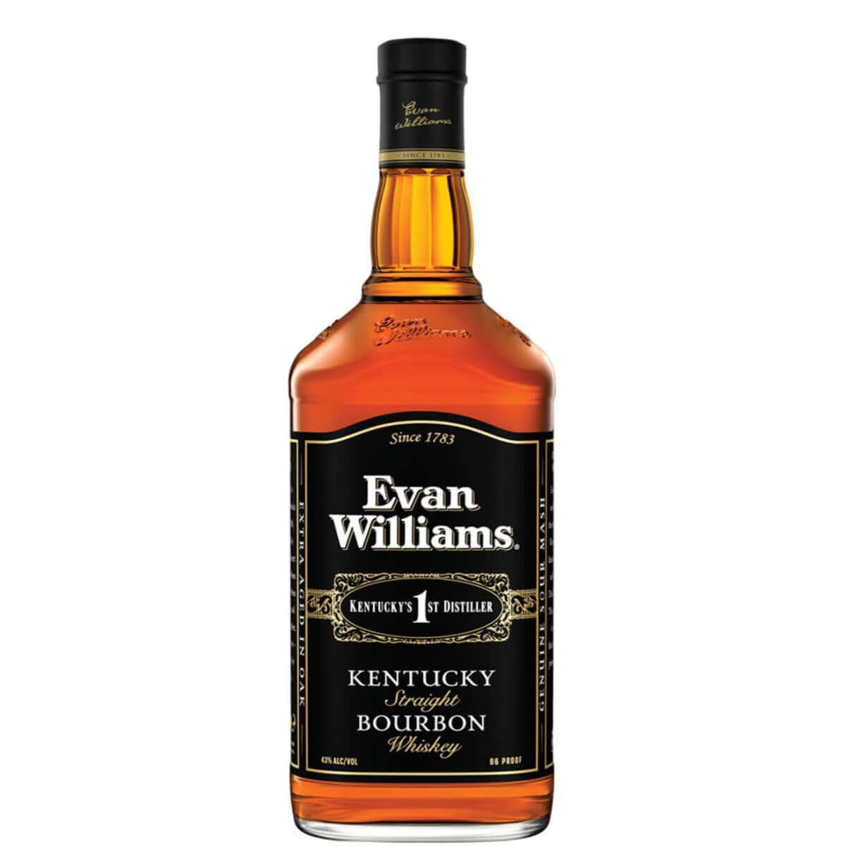Evan Williams Black Label Bourbon Whiskey 1.75L bottle, Kentucky Straight Bourbon with 43% ABV, produced by Heaven Hill Distillery.