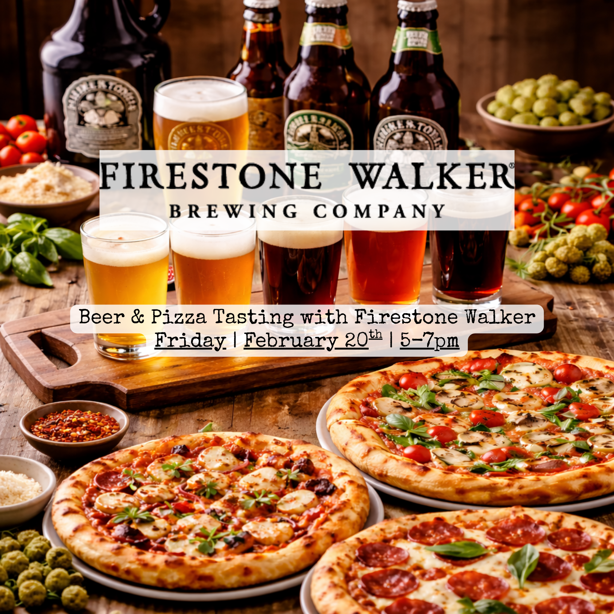 Beer flight and specialty pizzas on a wooden table with Firestone Walker bottles; overlay reads Beer & Pizza Tasting, Feb 20, 5–7pm.