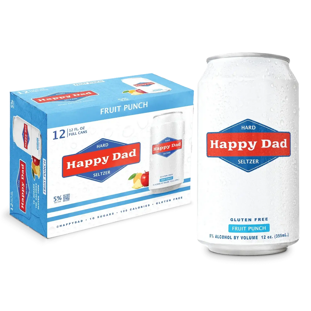 Happy Dad Fruit Punch Hard Seltzer 12 Pack with 12oz Cans, featuring cherry and orange flavors with tropical finish, 5% ABV.