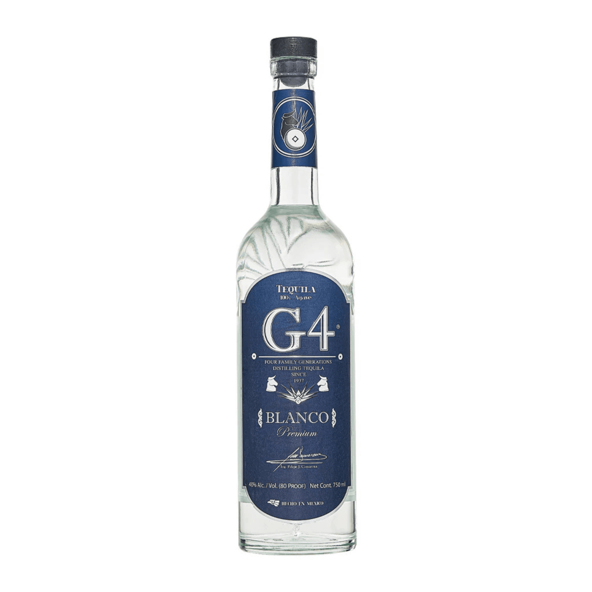 Bottle of G4 Blanco Tequila 750ml, a crisp, unaged tequila from El Pandillo Distillery, Mexico, made with Blue Weber agave.
