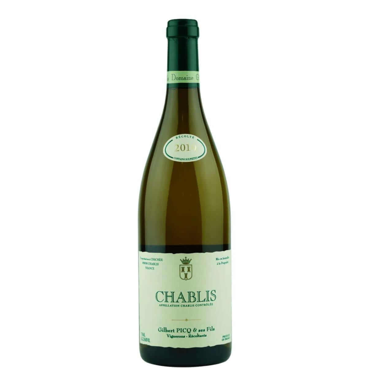 Bottle of Gilbert PICQ Chablis 2020, 750ml, from Domaine Gilbert Picq et ses Fils, featuring classic Chablis labeling.