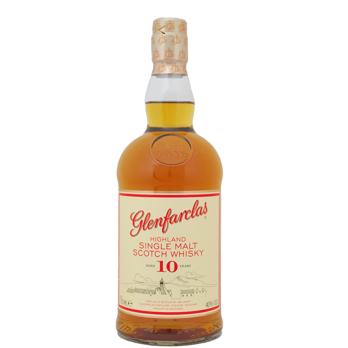 Glenfarclas 10-Year Single Malt Scotch Whisky 750ml bottle from Speyside, Scotland.