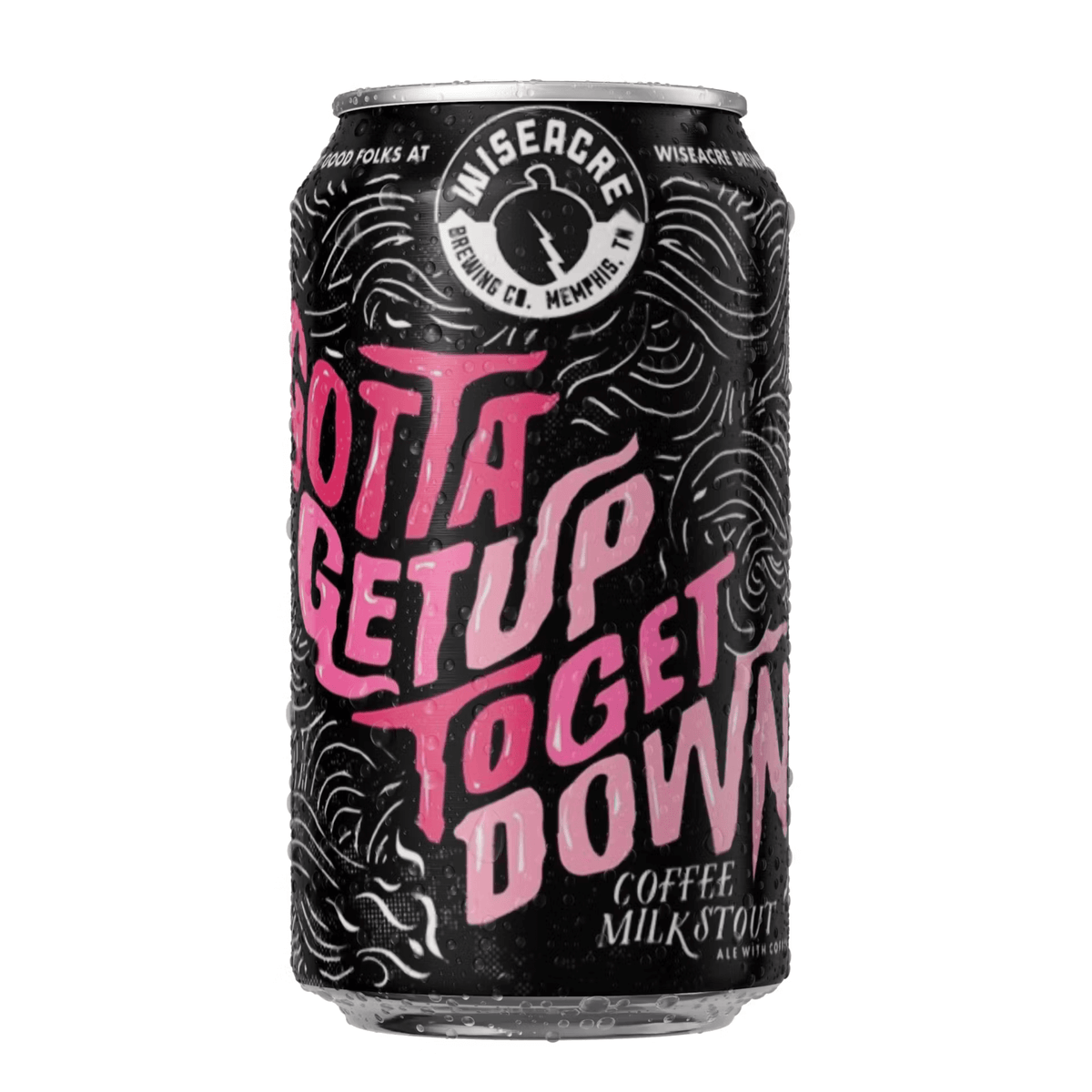 Wiseacre Gotta Get Up To Get Down coffee milk stout can, 12oz, with bold design and logo from Wiseacre Brewing Company.
