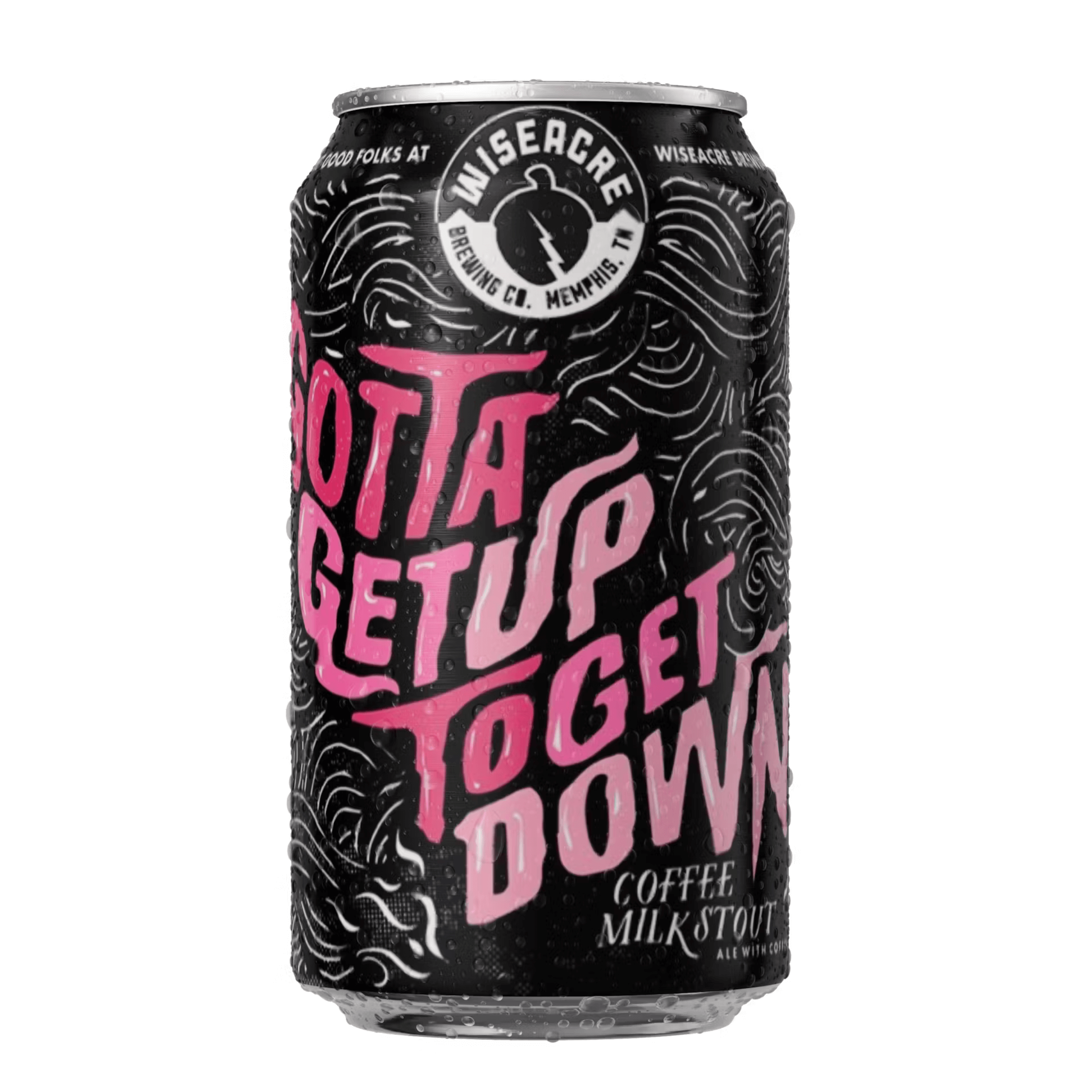 Wiseacre Gotta Get Up To Get Down coffee milk stout can, 12oz, with bold design and logo from Wiseacre Brewing Company.