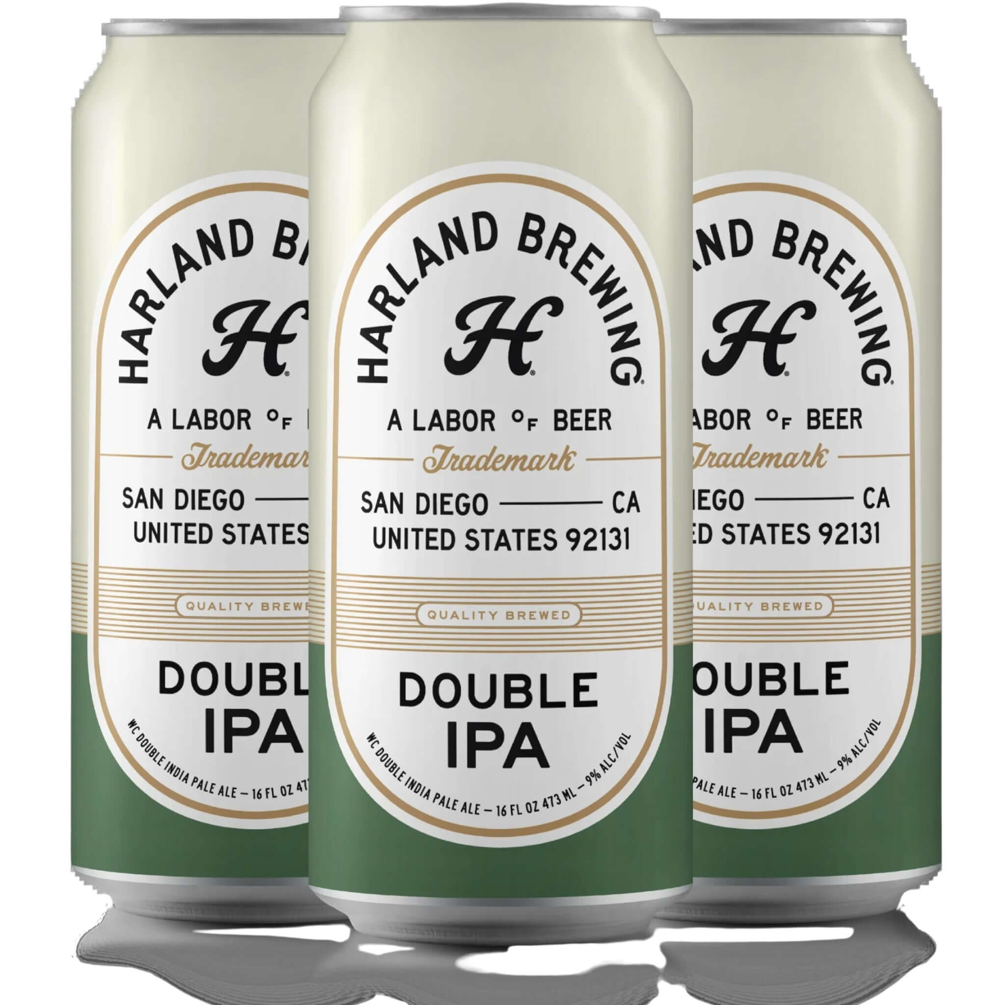 Harland Brewing Double IPA 16oz can featuring bold hop flavors with tropical fruit notes from San Diego, California. ABV 8.5%.