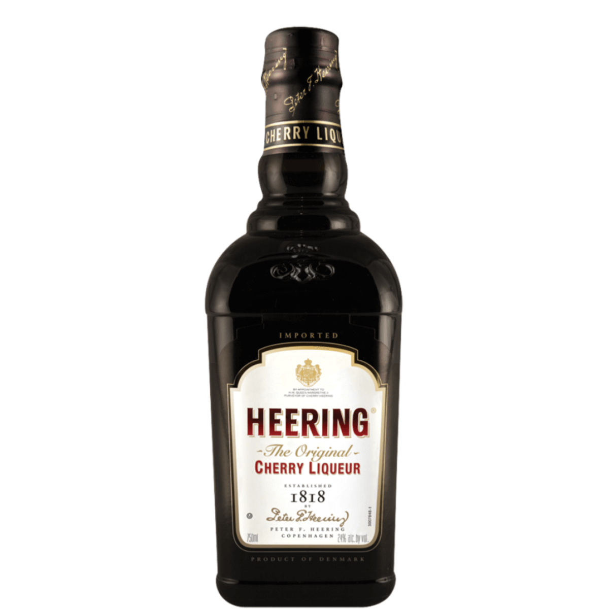 Bottle of Heering Cherry Liqueur 750ml, Danish fruit liqueur with rich cherry flavor, 24% ABV, made from aged cherries and spices.