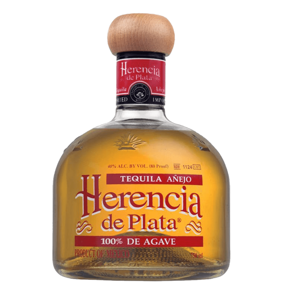 Herencia Anejo Tequila 750ml bottle with wooden cap, 100% blue agave from Jalisco, Mexico, aged 24 months, 40% ABV.