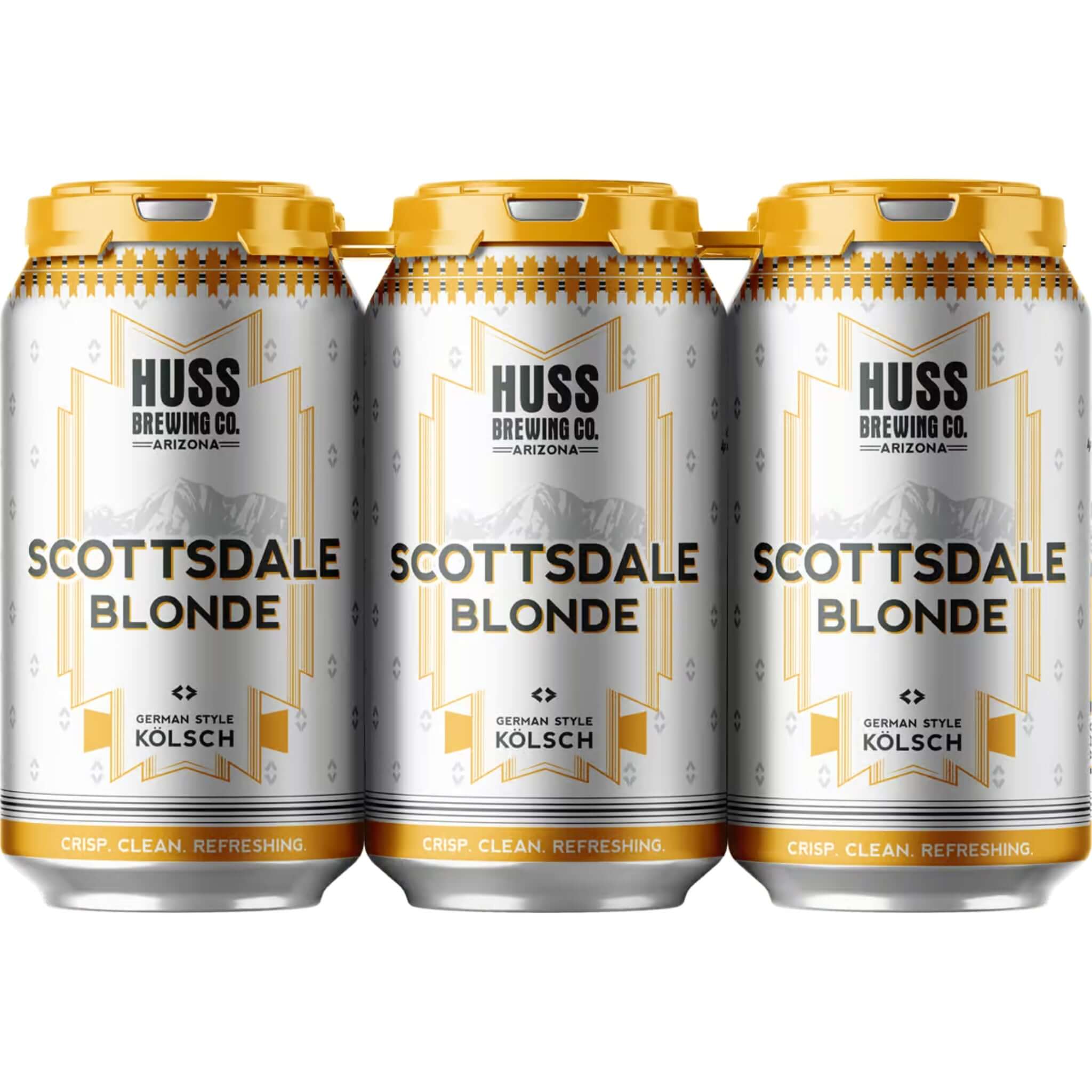 6-pack of Huss Scottsdale Blonde Ale 12oz cans, showing vibrant branding and refreshing German Kolsch style from Arizona brewery.