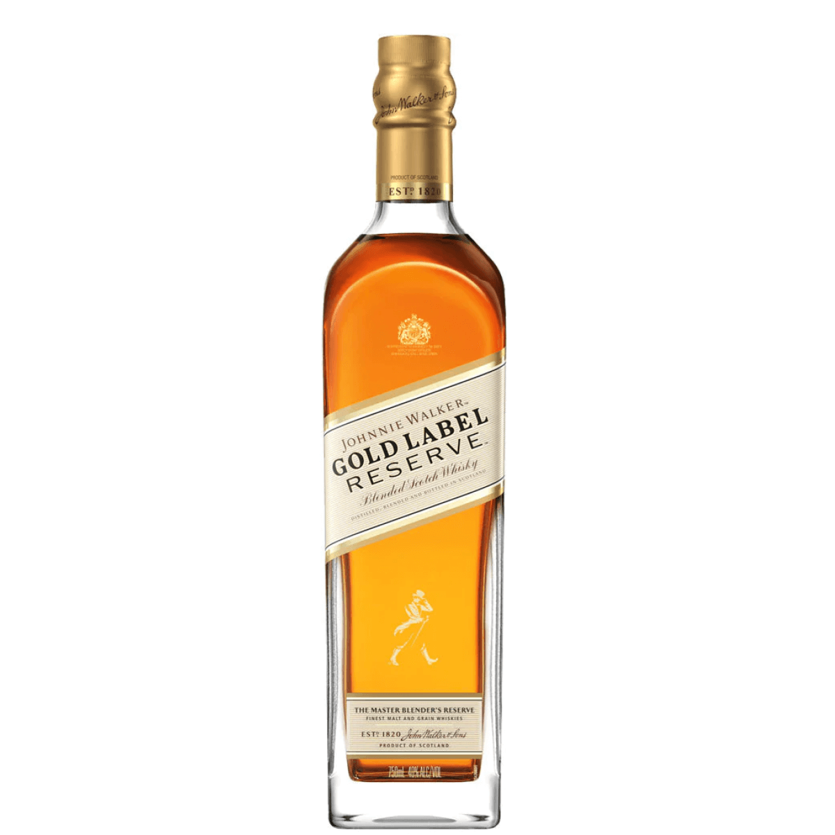 Johnnie Walker Gold Label Reserve 750ml bottle, luxurious Scottish whiskey with sweet fruits, creaminess, honeyed tones, and light smoke.