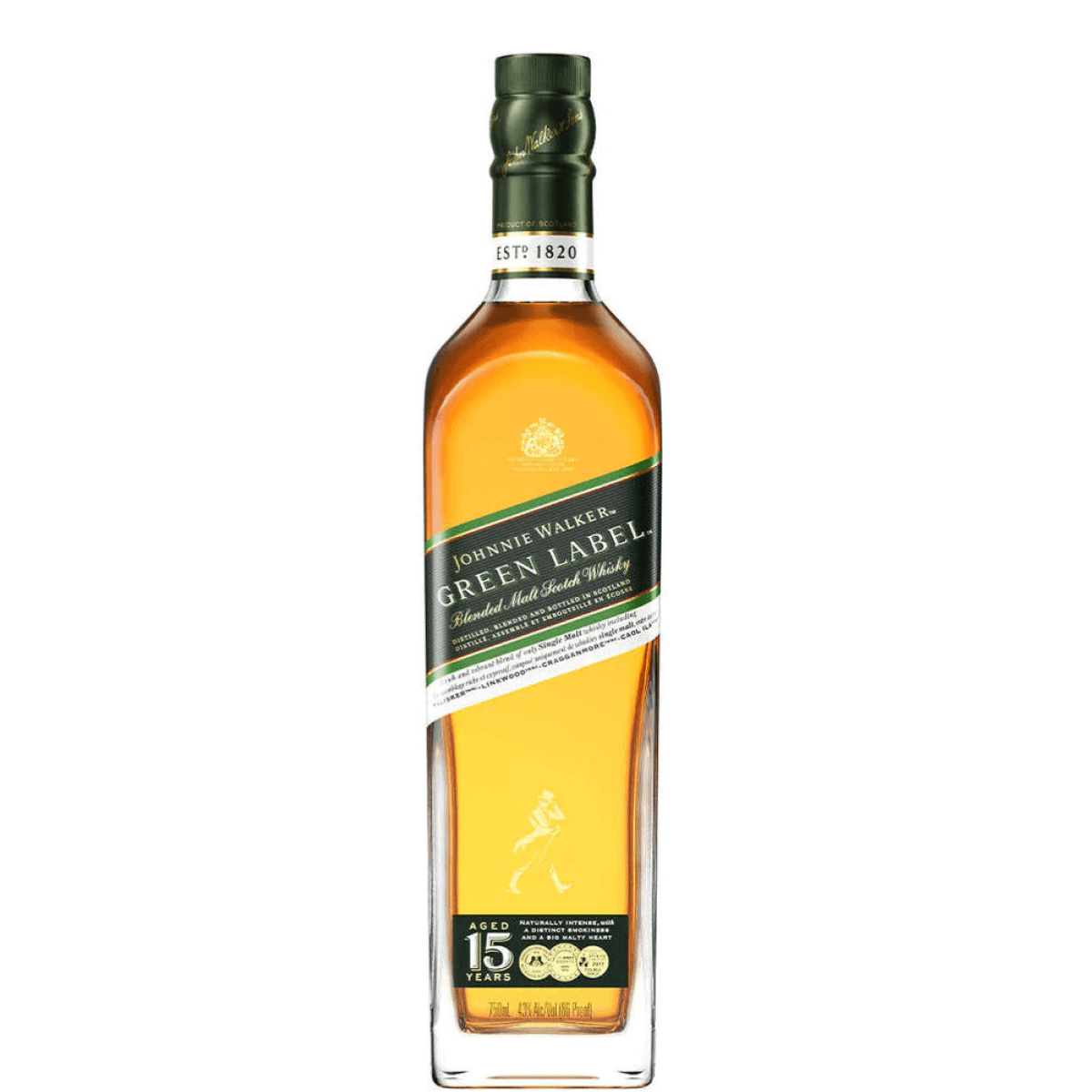 Johnnie Walker Green Label 750ml Scotch Whisky, 15-year-old blend of single malts from Scotland, showcasing rich and balanced flavors.