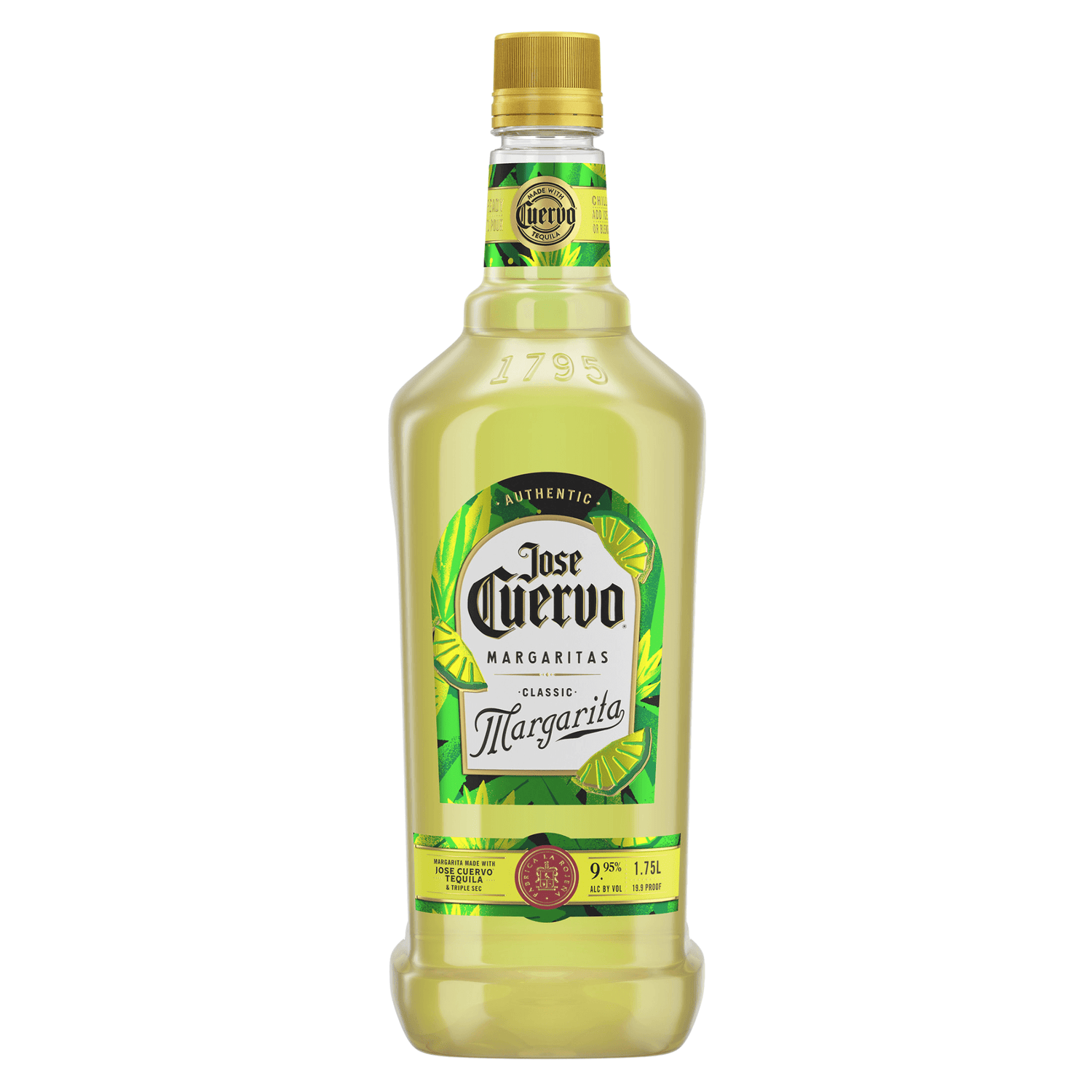 Jose Cuervo RTD Margarita Lime 1.75L bottle with vibrant label, tequila and lime, 9.95% ABV, from Tequila, Jalisco, Mexico.