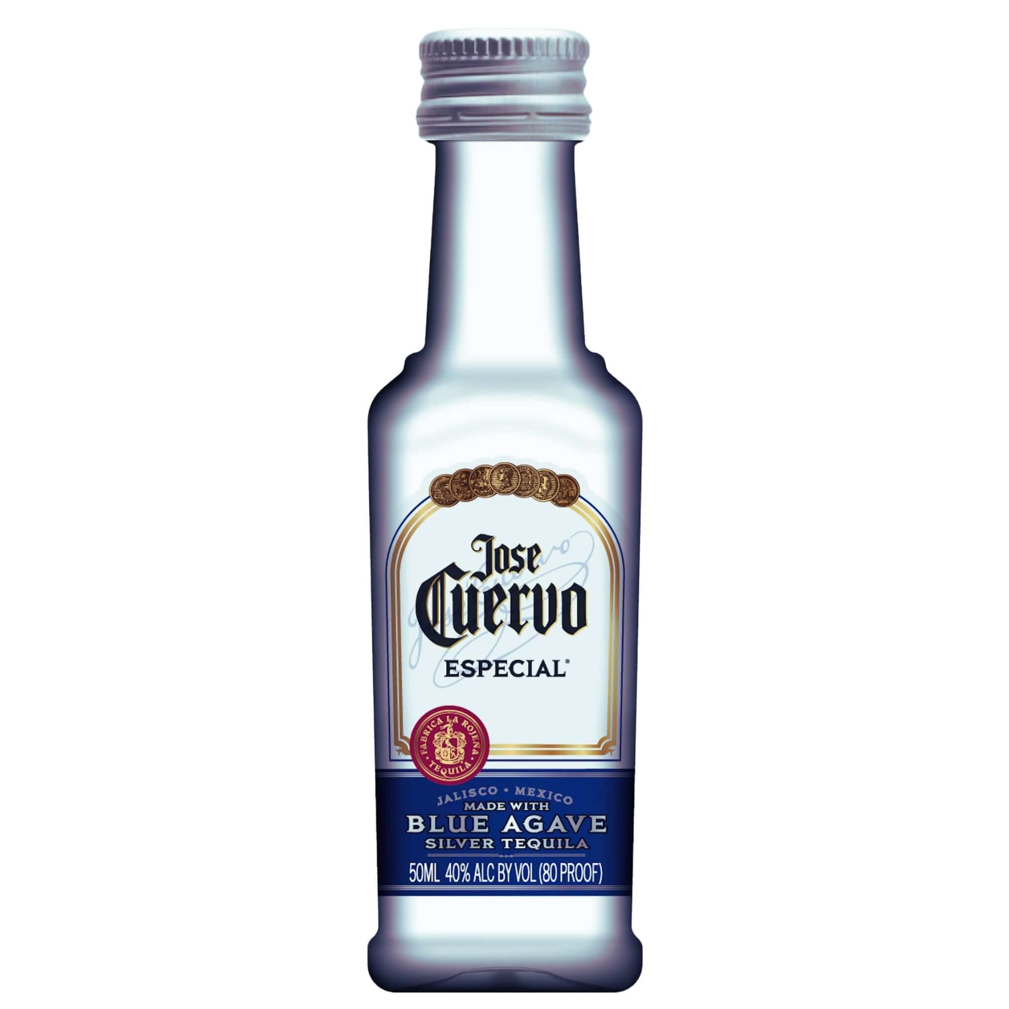 50ml bottle of Jose Cuervo Especial Silver Blanco Tequila made from blue agave, high-quality and ideal for mixing.