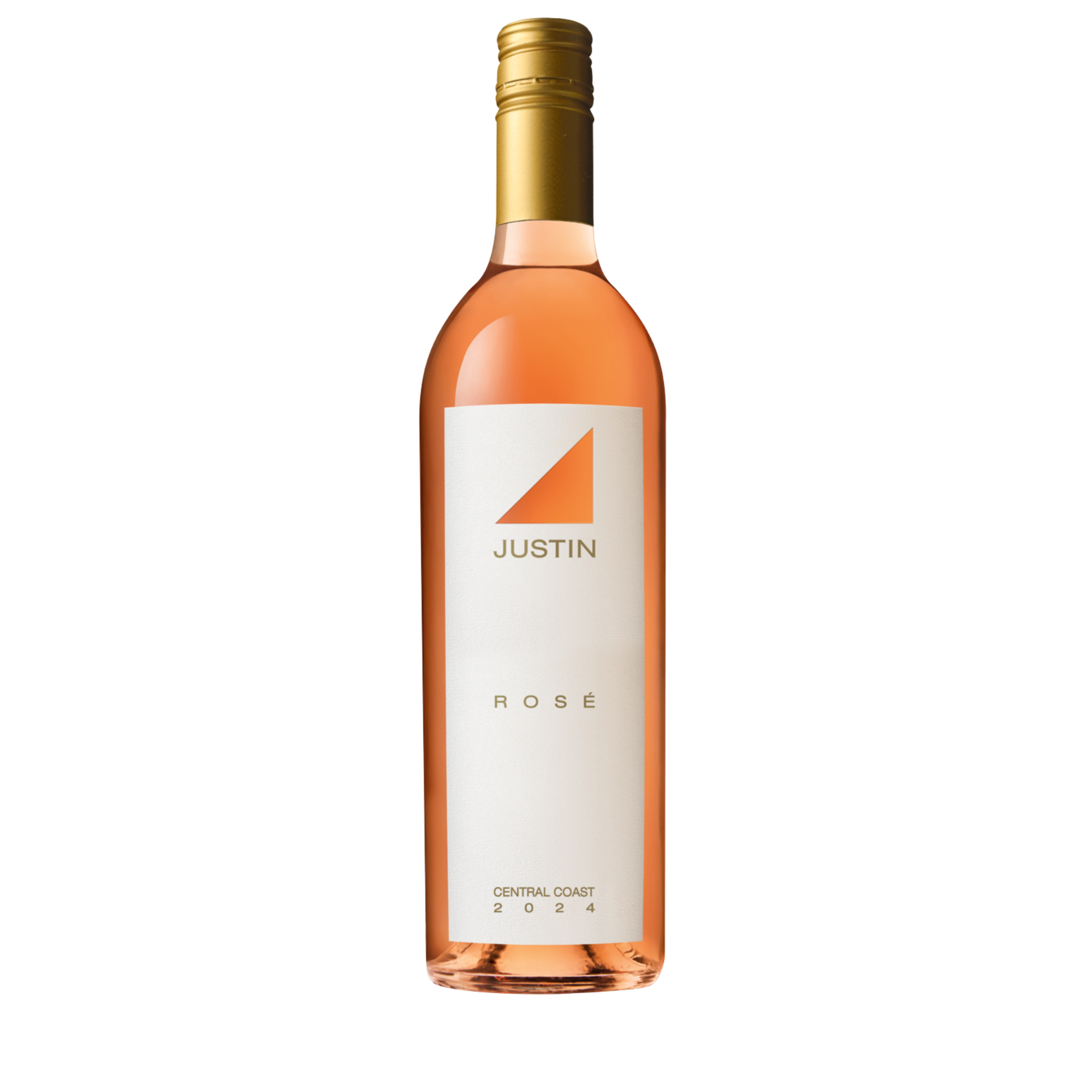 Bottle of Justin Rosé 2024, Central Coast wine with a pale salmon hue, gold cap, and modern white label featuring the Justin logo.