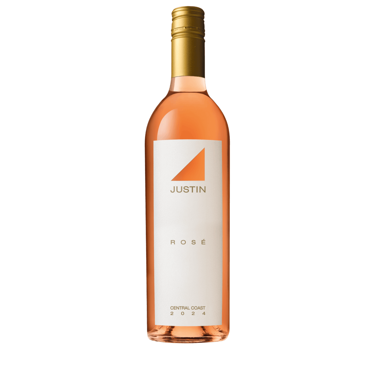 Bottle of Justin Rosé 2024, Central Coast wine with a pale salmon hue, gold cap, and modern white label featuring the Justin logo.