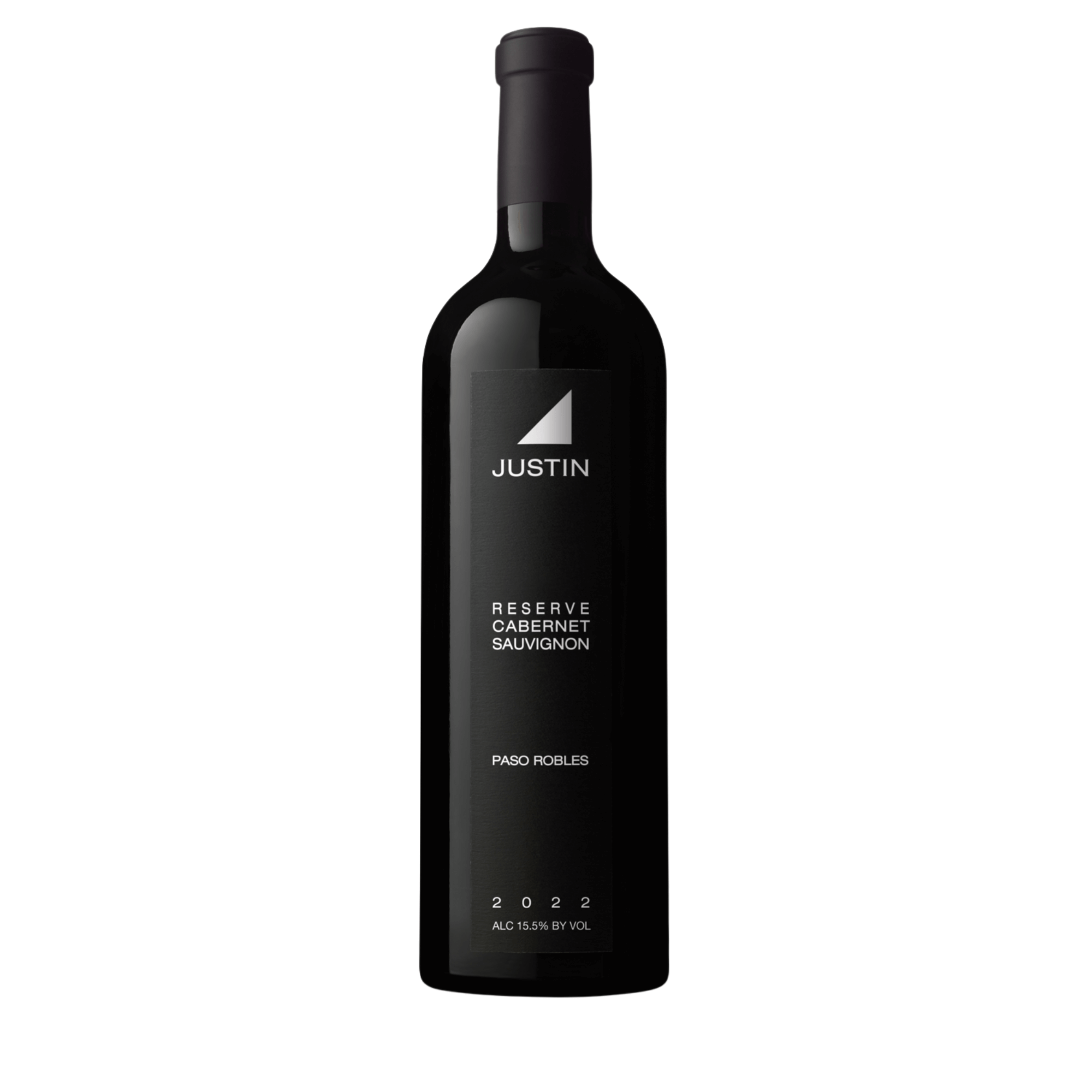Bottle of Justin Reserve Cabernet Sauvignon 2022, Paso Robles red wine with sleek black label and modern minimalist design.