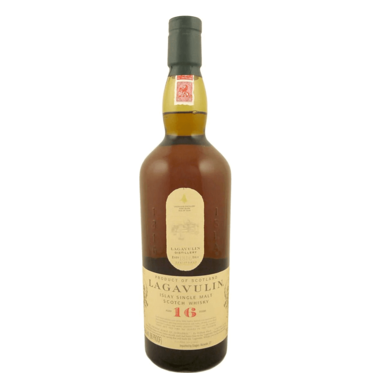 Lagavulin 16yr Single Malt Whiskey 750ml bottle from Islay, UK, known for its balanced, smoky, peaty flavors and Sherry oak sweetness.