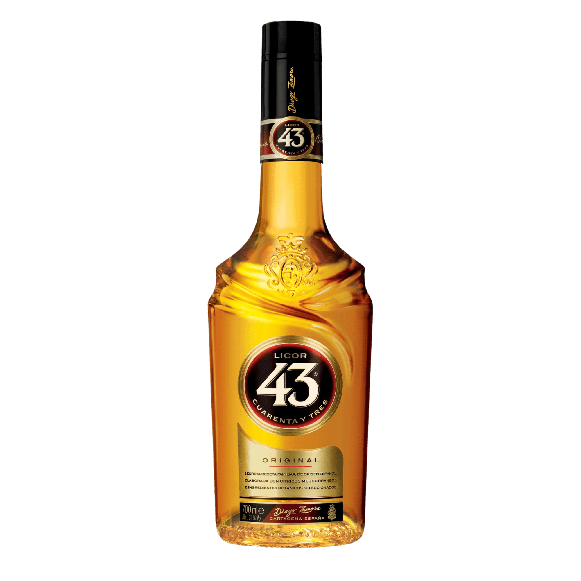 Licor 43 Original 750ml bottle with rich vanilla, citrus, and spice flavors, crafted in Cartagena, Spain, 31% ABV liqueur.