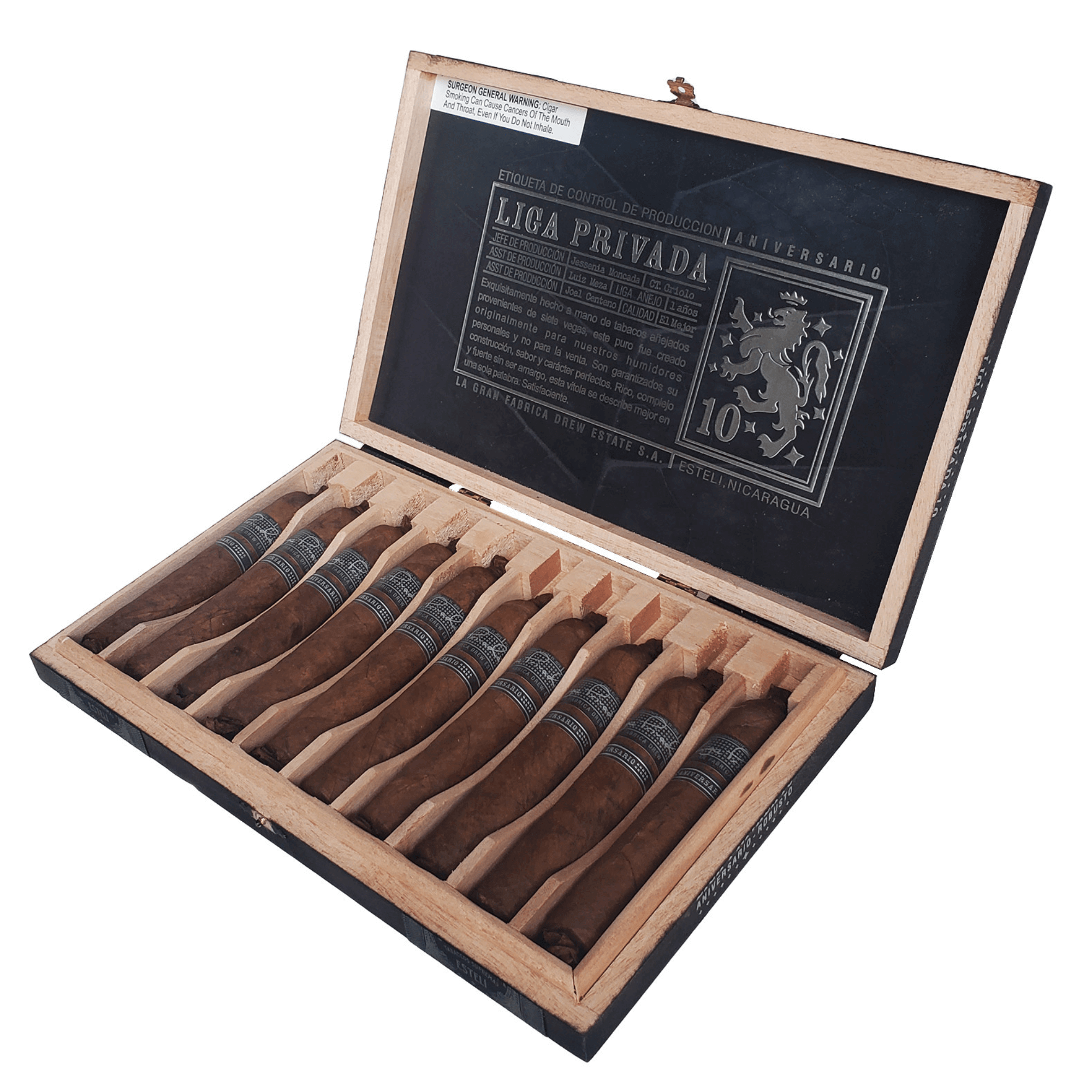 Open box of Liga Privada 10 Aniversario Robusto cigars, featuring Connecticut Criollo wrapper and medium-to-full strength profile.