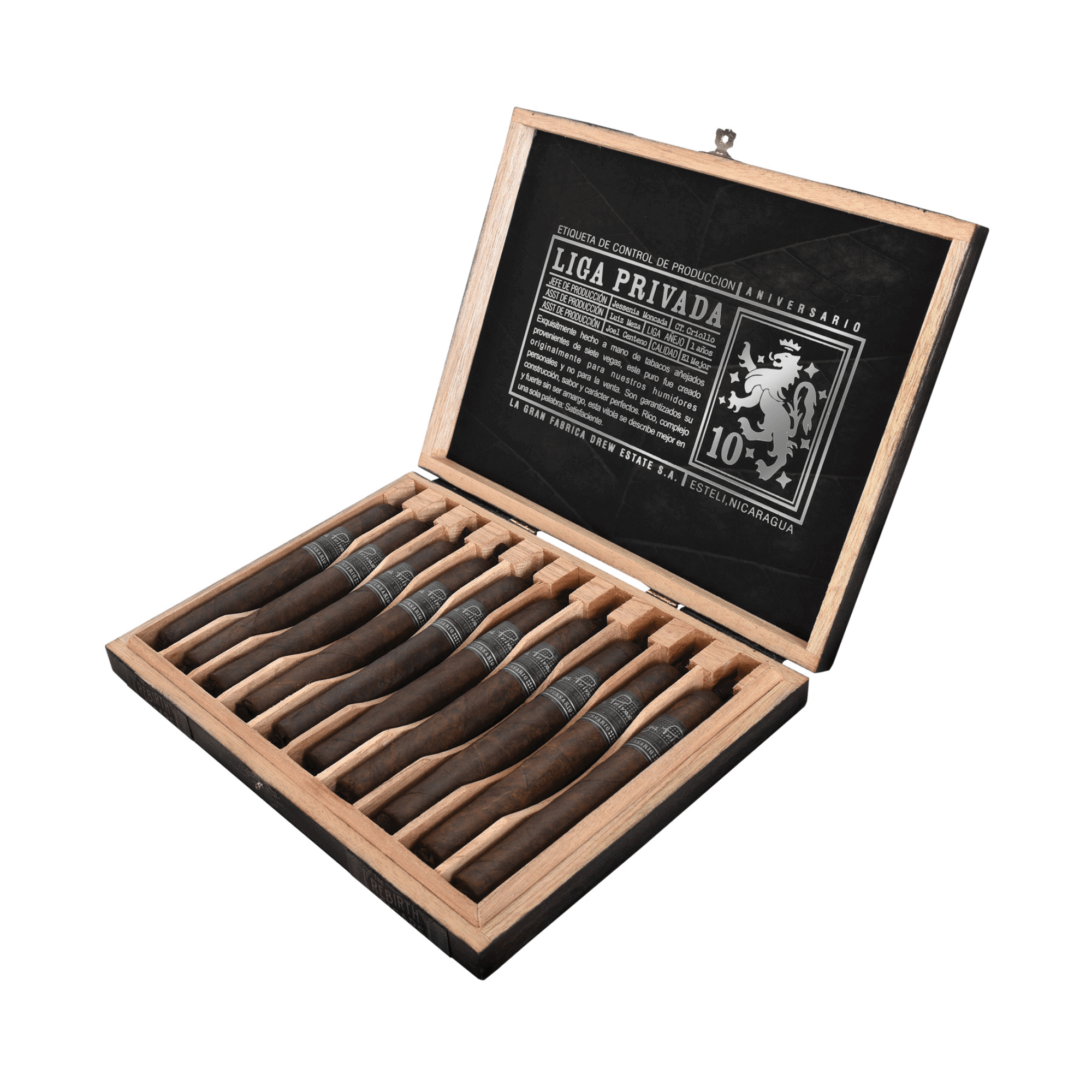 Liga Privada 10 Aniversario Toro cigars in open wooden box, featuring Connecticut wrapper and medium-to-full strength profile.