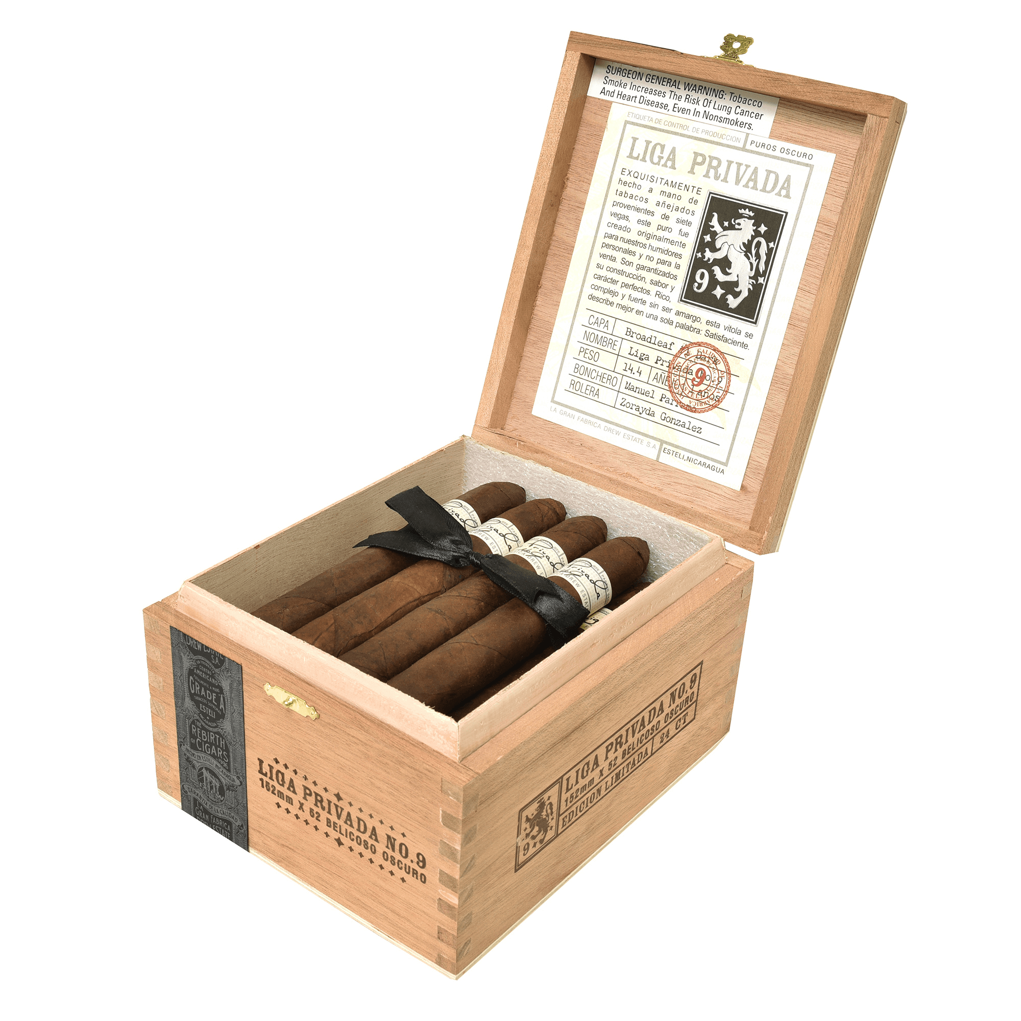 Box of Liga Privada No. 9 Belicoso cigars with Nicaraguan origin and Connecticut Broadleaf Oscuro wrapper.