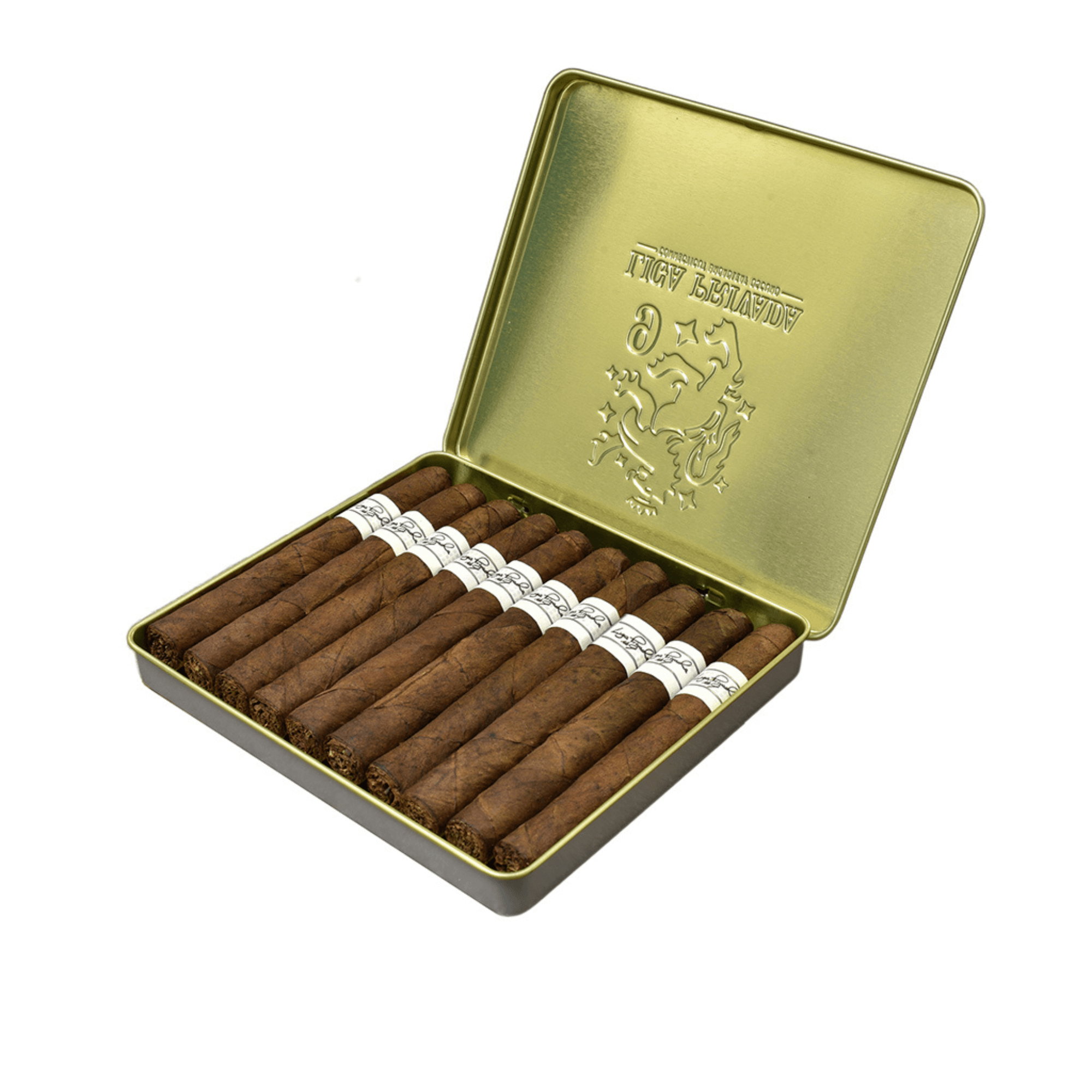 Liga Privada No. 9 Coronets 10-count tin of small cigarillos with Connecticut Broadleaf Oscuro wrapper, open tin showcasing cigars.