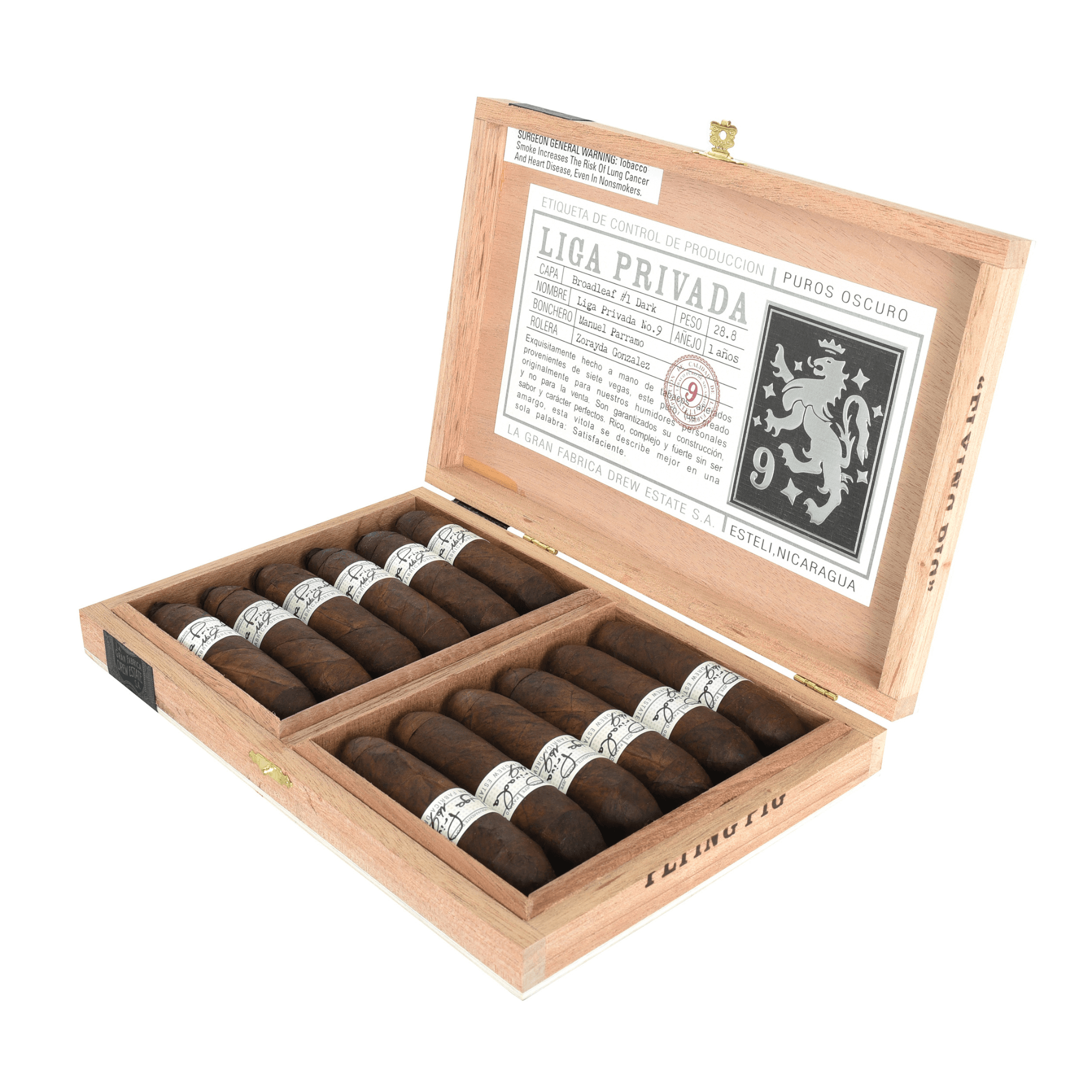 Liga Privada No. 9 Flying Pig cigars in open wooden box showcasing Connecticut Broadleaf Oscuro wrapper, full-strength Nicaraguan origin.