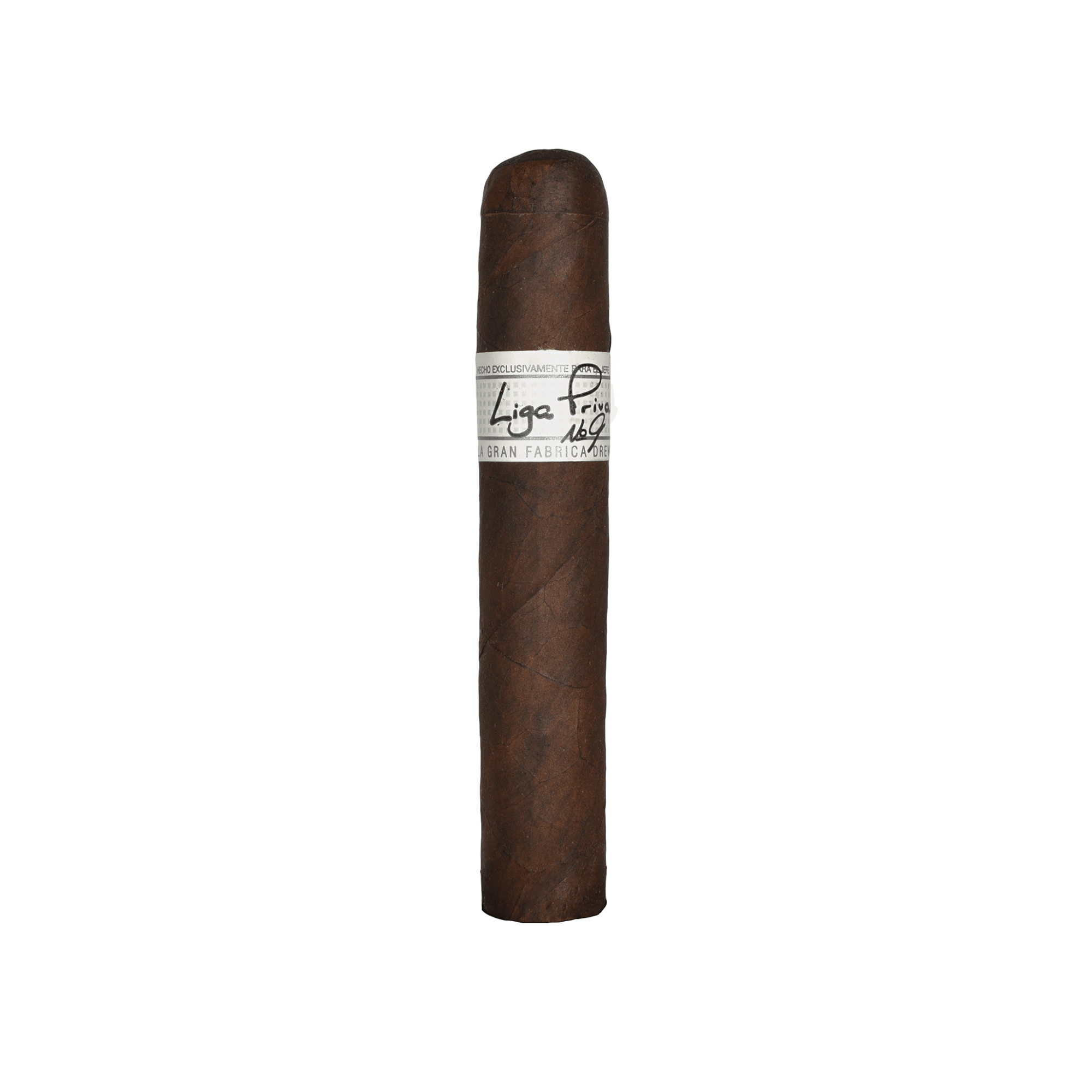 Liga Privada No. 9 Robusto cigar with dark Connecticut Broadleaf wrapper, known for bold flavor notes of chocolate and espresso.