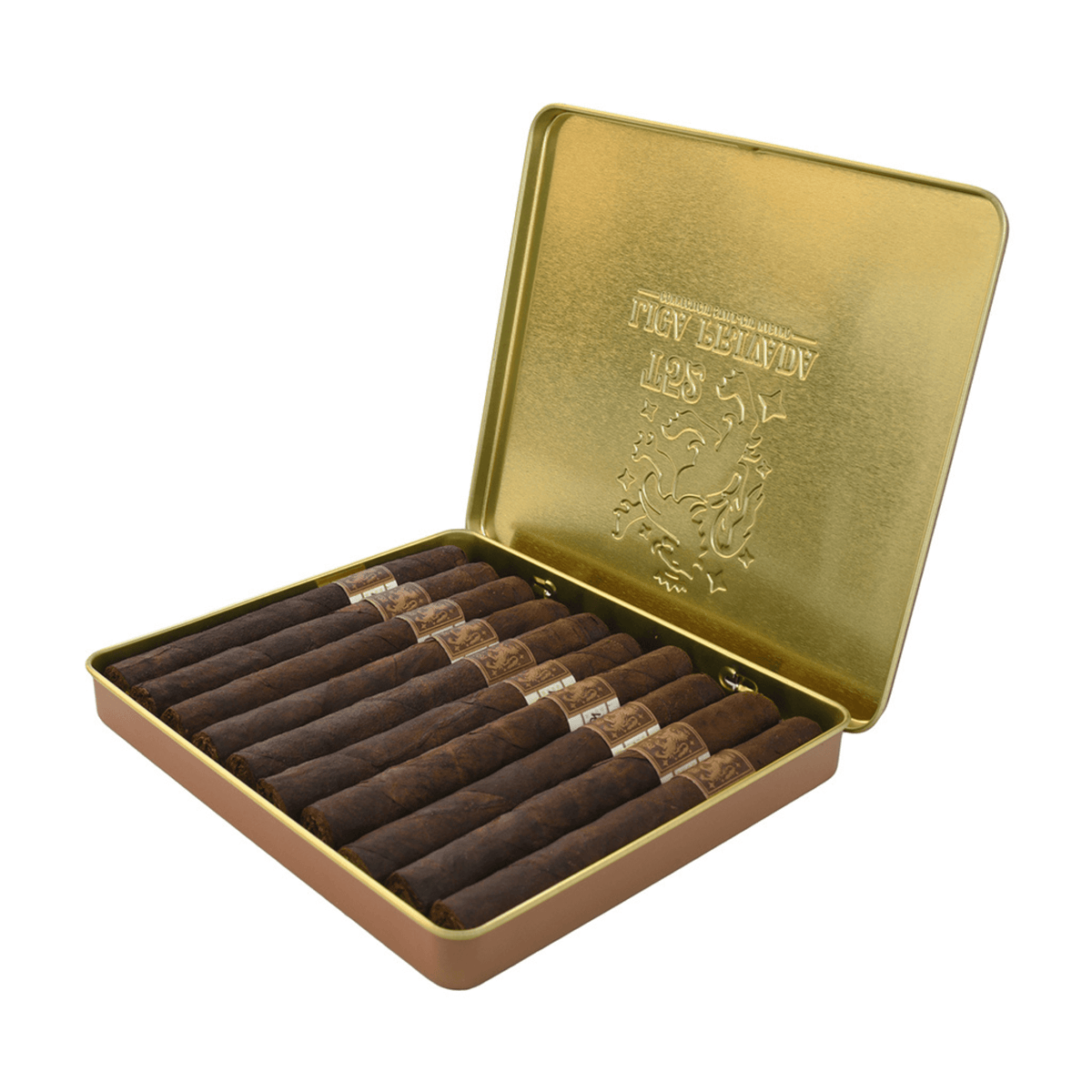 Open tin of Liga Privada T52 Coronets cigars showing ten small cigarillos with Connecticut Habano wrapper.
