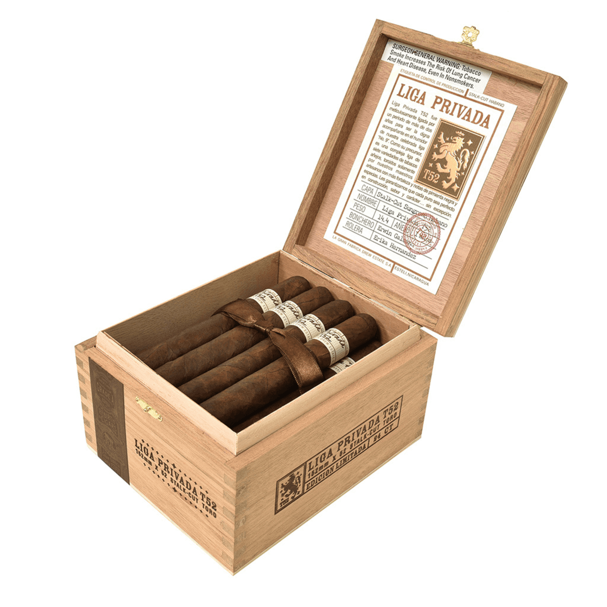 Open box of Liga Privada T52 Toro cigars from Nicaragua, showcasing premium Connecticut River Valley Habano wrapper, full strength