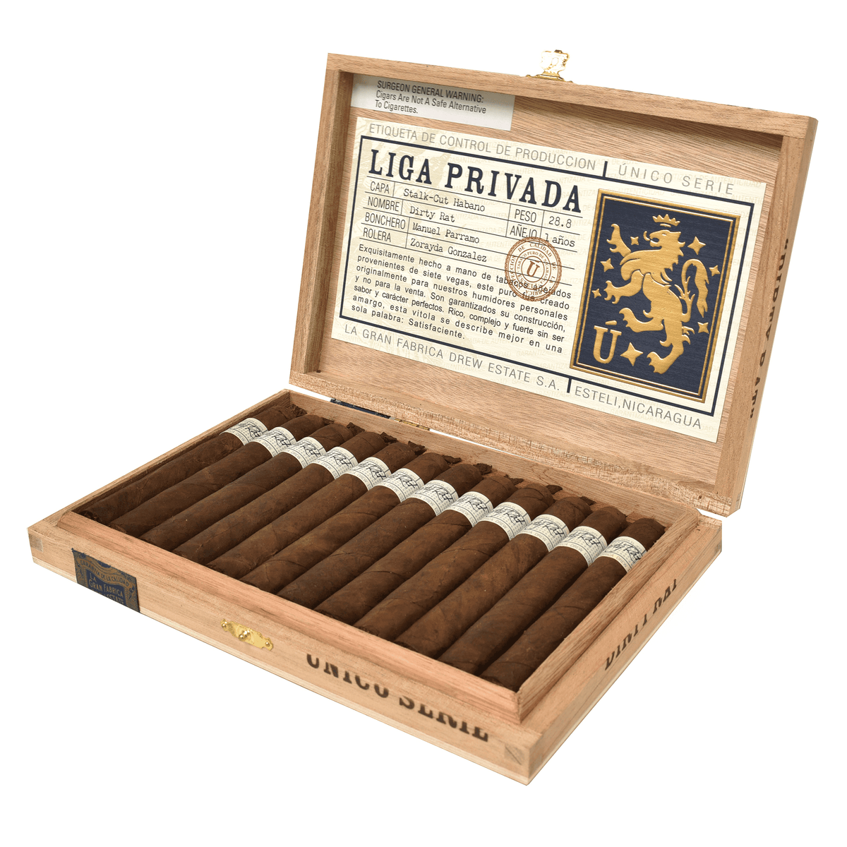 Open box of Liga Privada Único Serie Dirty Rat cigars, featuring Connecticut Broadleaf wrappers and full-bodied Nicaraguan tobaccos.