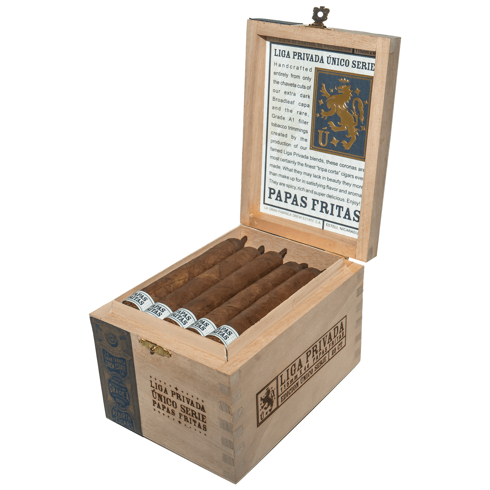 Liga Privada Único Serie Papas Fritas cigars in open wooden box, Nicaragua origin, robust flavors, 4.5 x 44 size, full strength