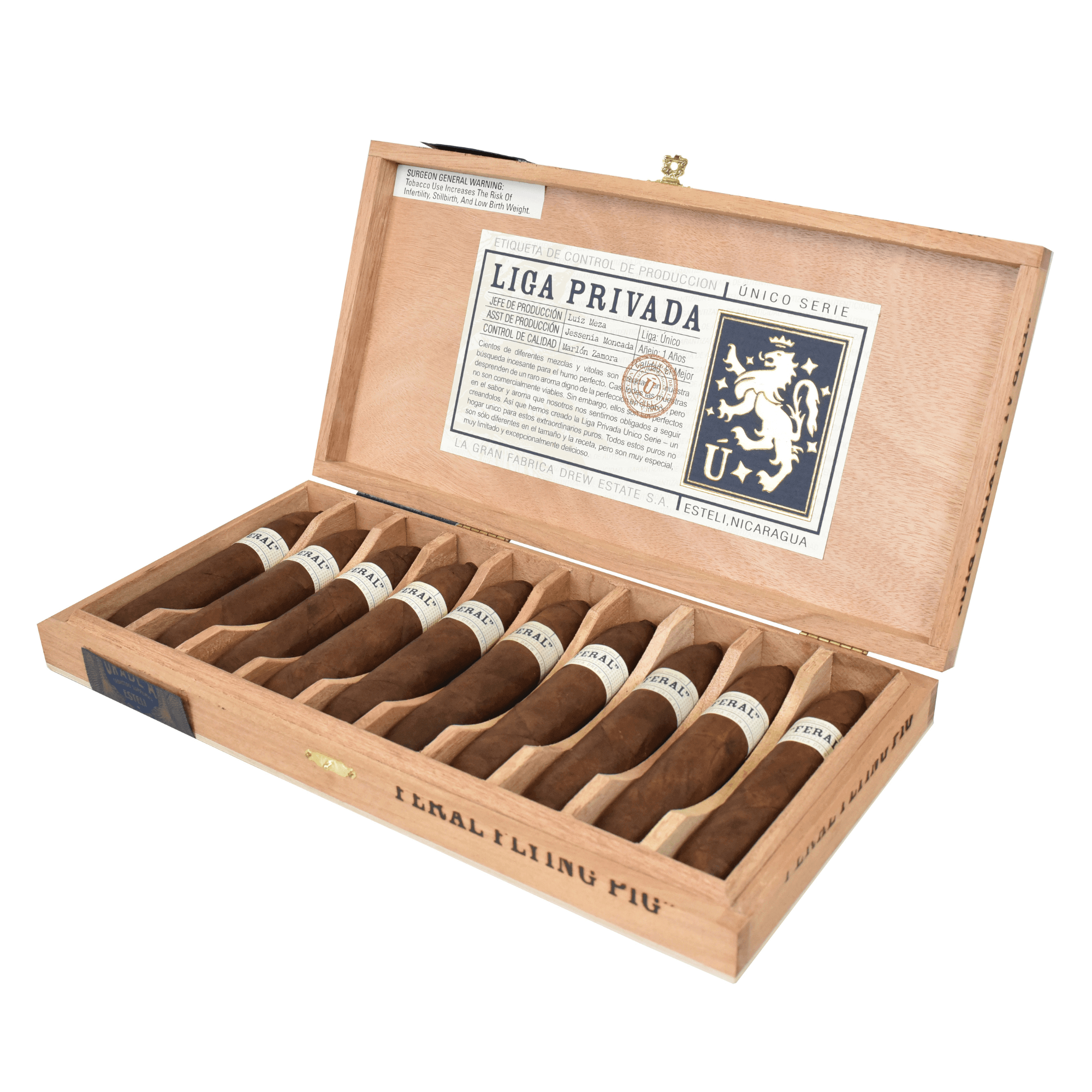 Open box of Liga Privada Unico Serie Feral Flying Pig cigars showcasing Connecticut Broadleaf Maduro wrapper in Nicaragua origin set.