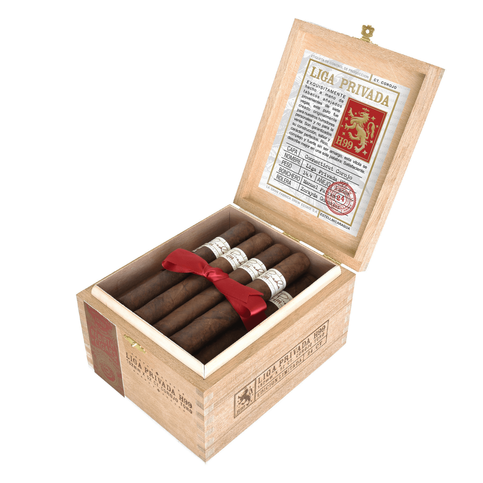 Open box of Liga Privada H99 CT Corojo Toro cigars showcasing Connecticut River Valley wrapper and elegant presentation.