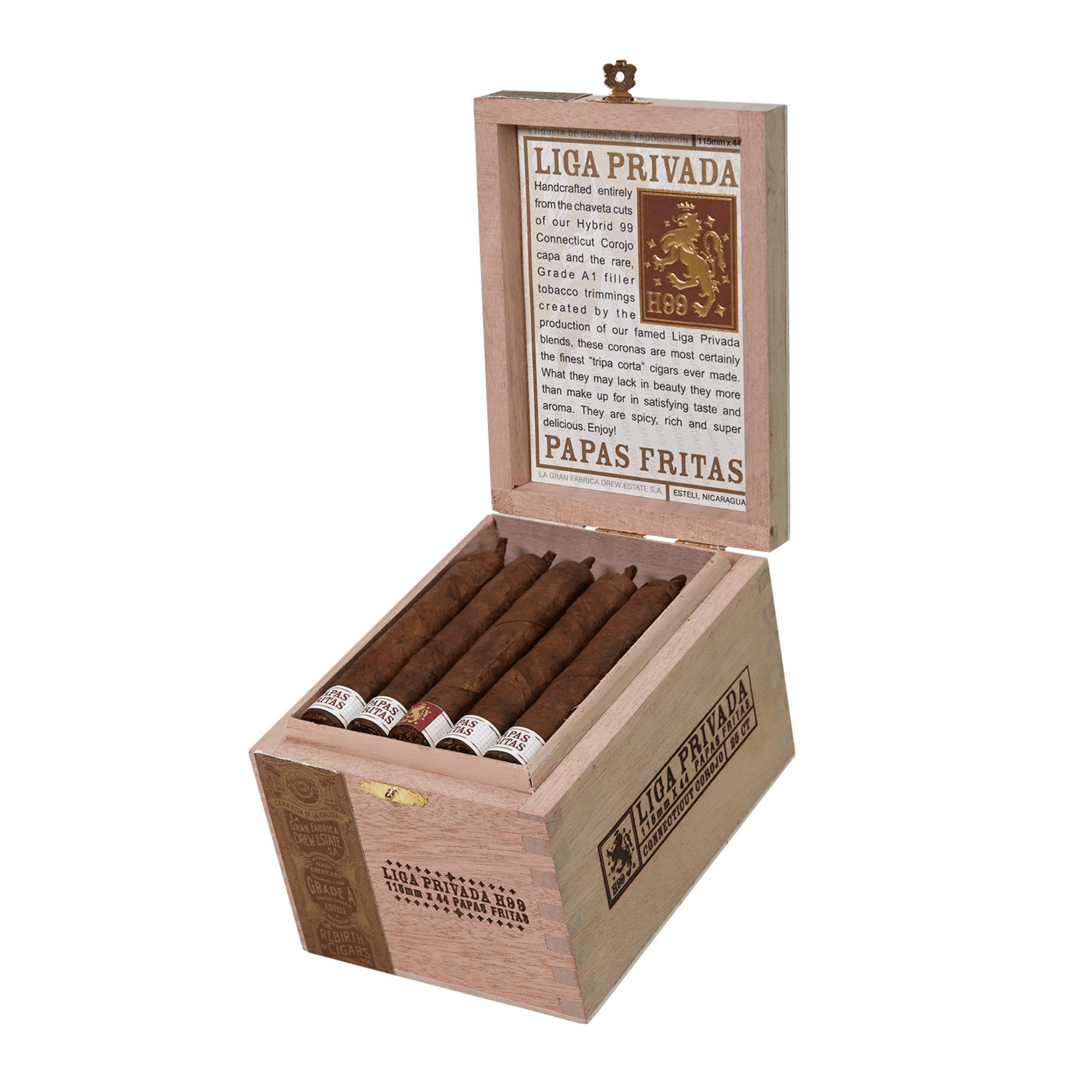 Liga Privada H99 Papas Fritas cigars in an open wooden box, showcasing premium Nicaraguan tobacco.