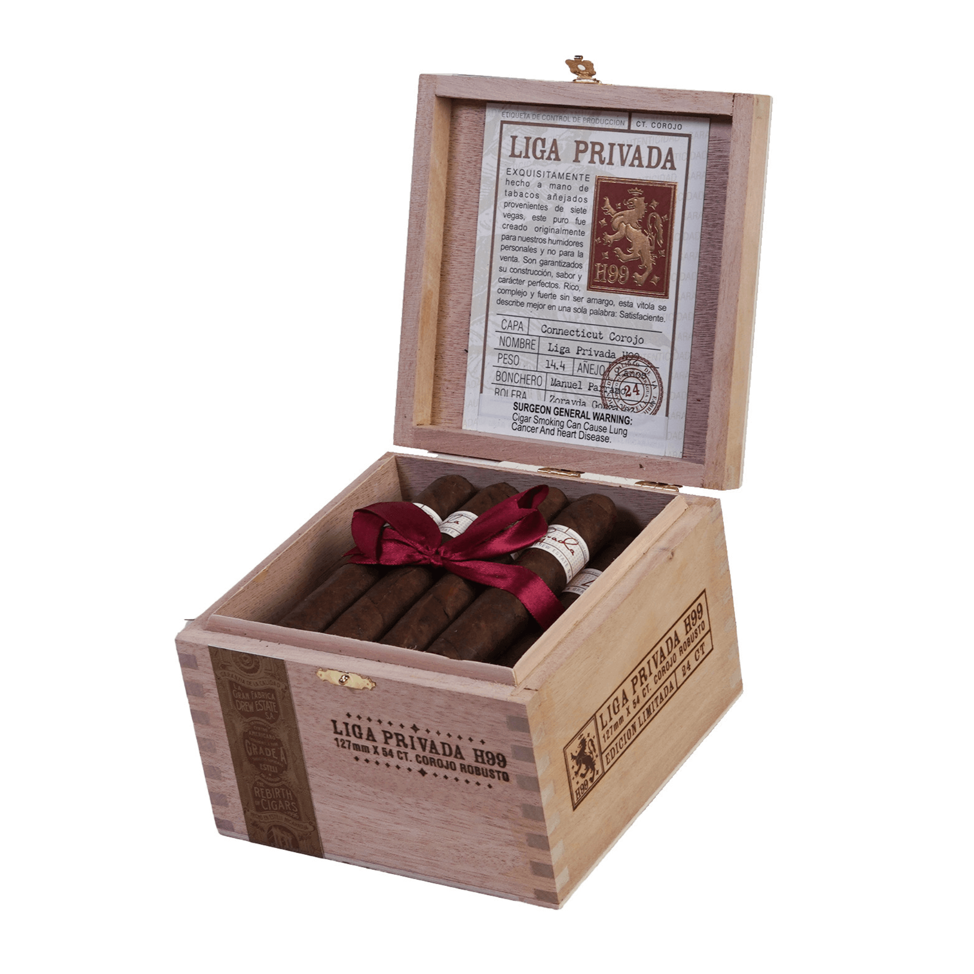 Liga Privada H99 Robusto cigars in open wooden box with label, showcasing Nicaraguan origin and rich flavor profile.