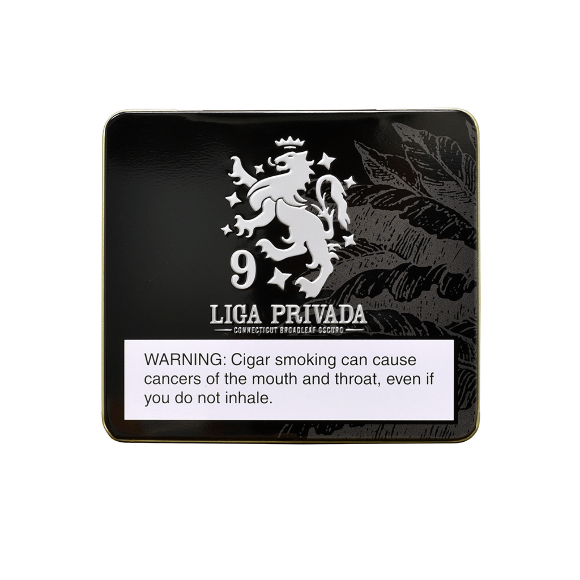 Liga Privada No. 9 Coronets 10-Count Tin with warning label, Nicaraguan cigars in compact packaging.