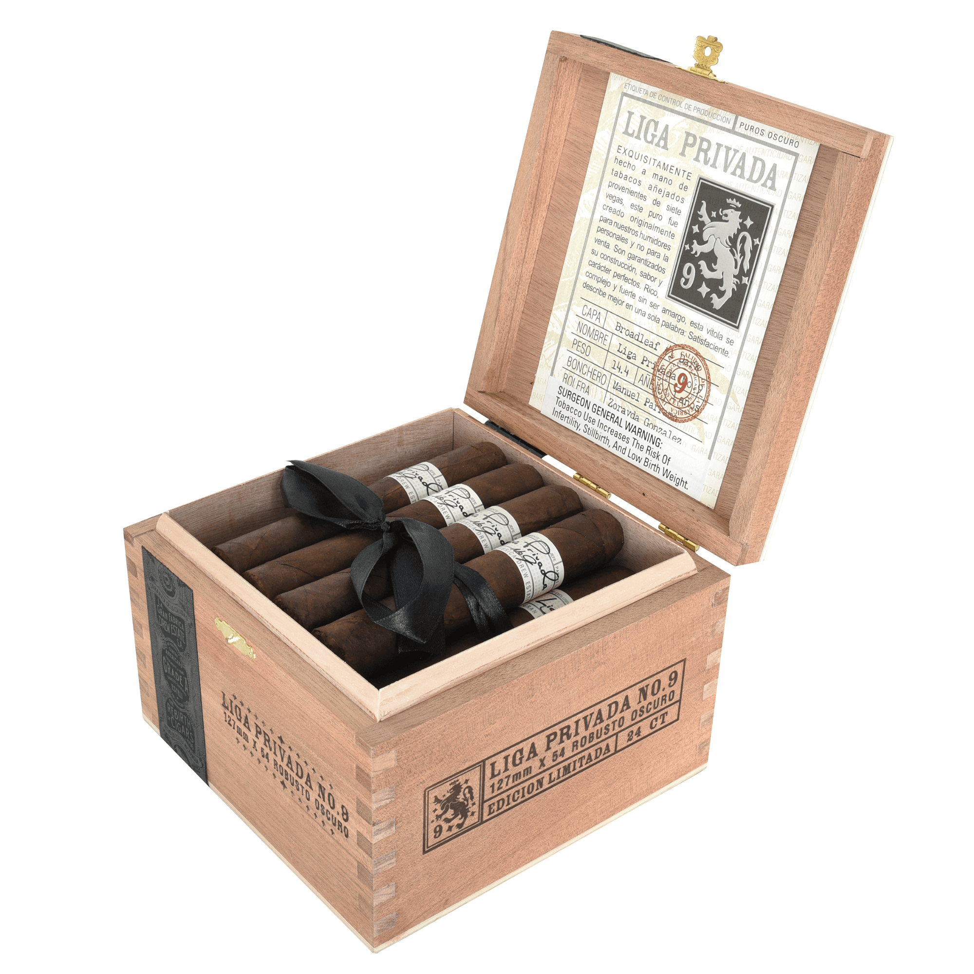 Liga Privada No. 9 Robusto cigars in an open wooden box, showcasing luxurious Connecticut Broadleaf Oscuro wrappers.