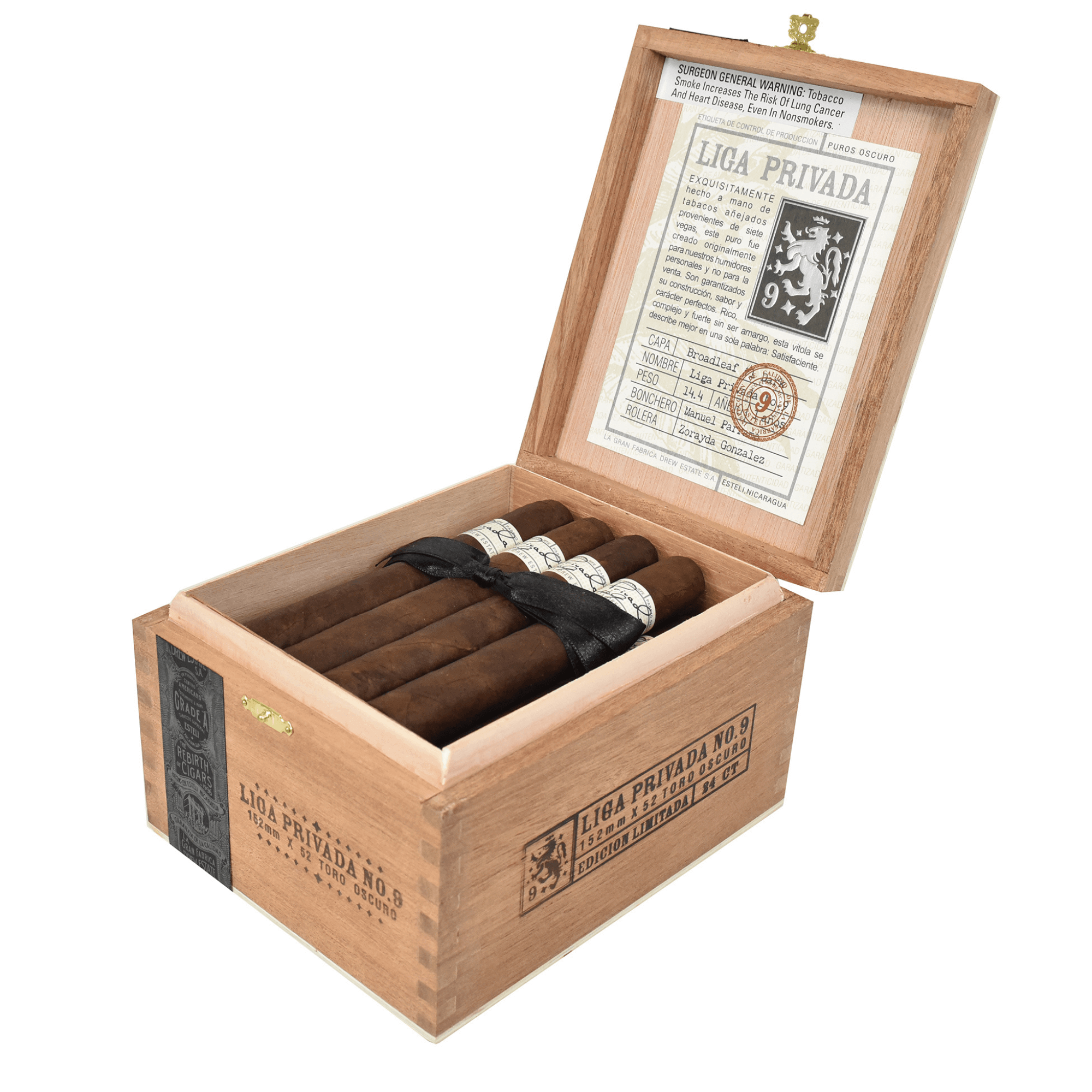 Open box of Liga Privada No. 9 Toro cigars, showcasing dark Connecticut Broadleaf wrappers and luxurious packaging, full flavor profile.