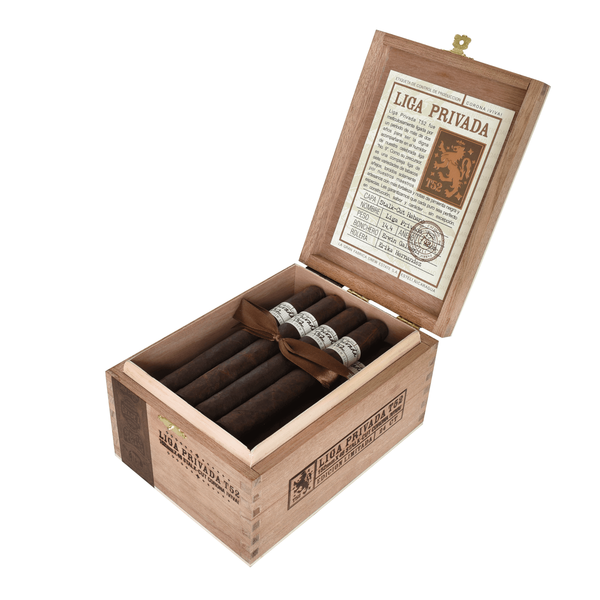 Box of Liga Privada T52 Corona Viva cigars with open lid showcasing Connecticut River Valley Sun Grown wrappers, 6x46, full strength.