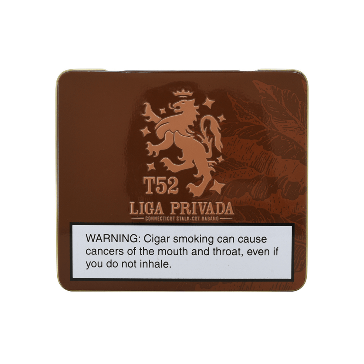 Liga Privada T52 Coronets 10ct tin with warning label, featuring luxury cigars with Connecticut River Valley wrapper, bold flavors.
