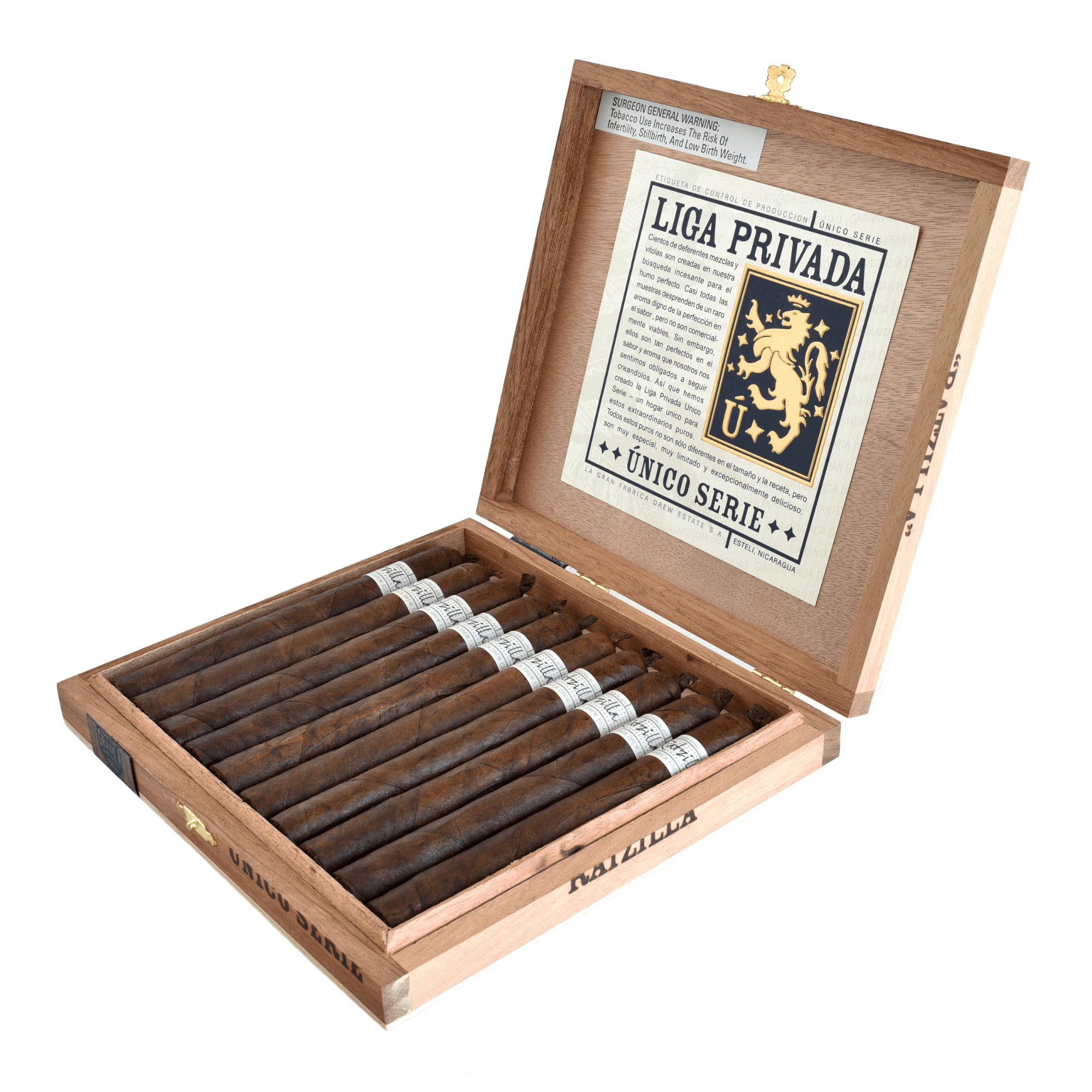 Liga Privada Único Serie Ratzilla cigars in open wooden box, showcasing Connecticut Broadleaf wrapper and rich flavors like dark cocoa and espresso.