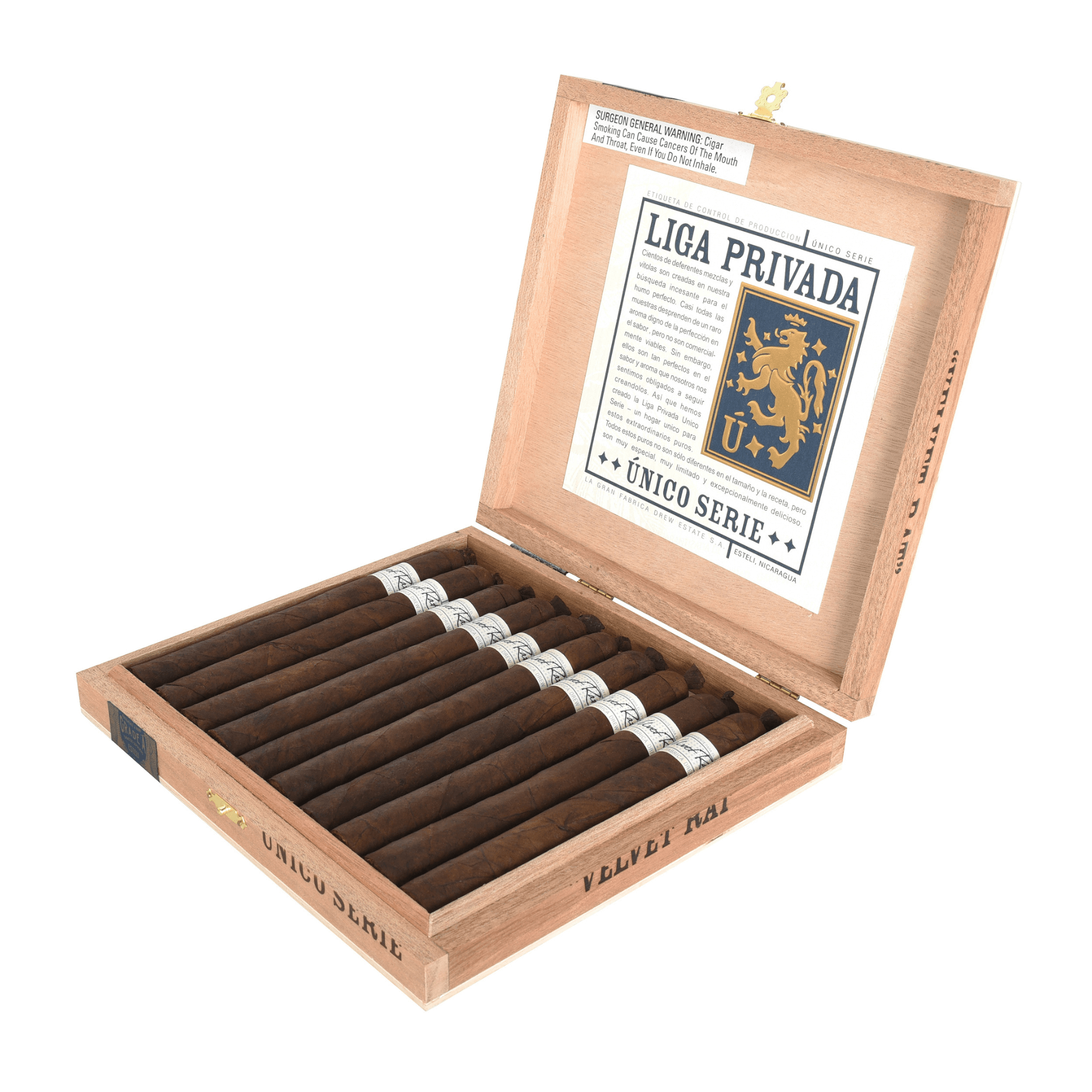 Open box of Liga Privada Único Serie Velvet Rat cigars, showcasing a premium selection of medium-to-full strength Nicaraguan cigars.